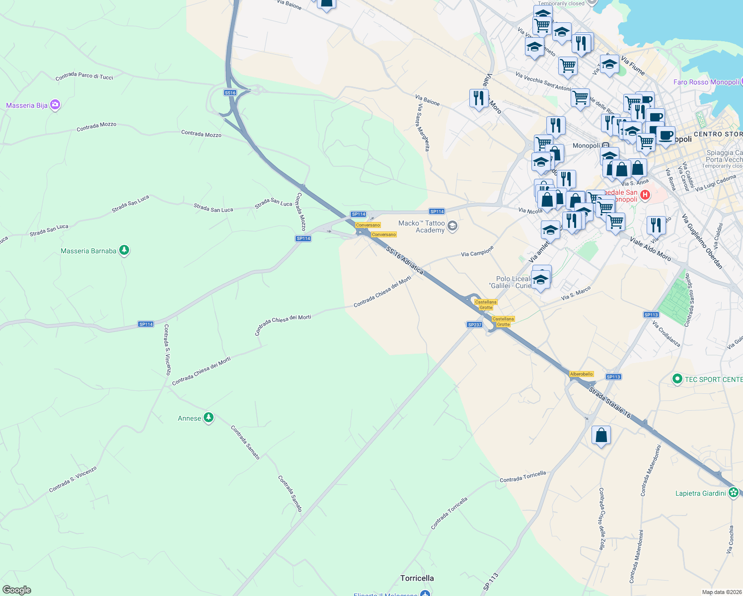 map of restaurants, bars, coffee shops, grocery stores, and more near 552 Contrada Chiesa dei Morti in Città Metropolitana di Bari