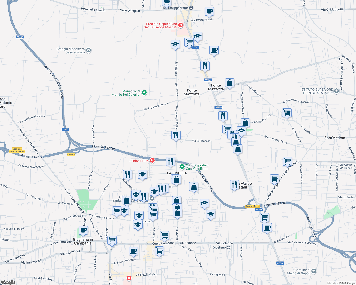 map of restaurants, bars, coffee shops, grocery stores, and more near 116 Via Oasi Sacro Cuore in Giugliano in Campania