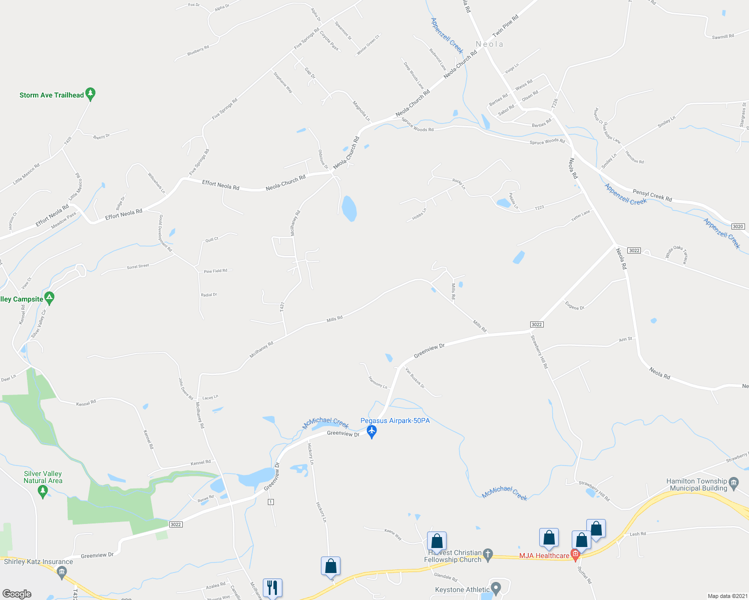map of restaurants, bars, coffee shops, grocery stores, and more near 4105 Mills Road in Stroudsburg