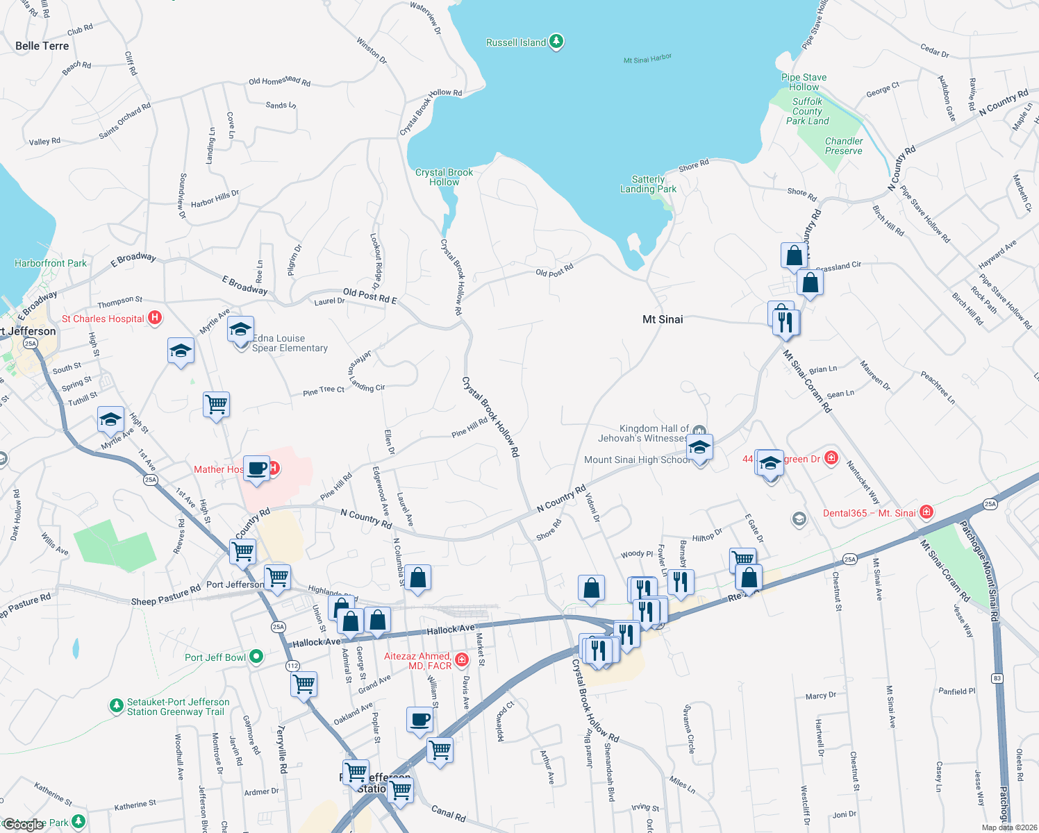 map of restaurants, bars, coffee shops, grocery stores, and more near 3 Frost Valley Road in Mount Sinai