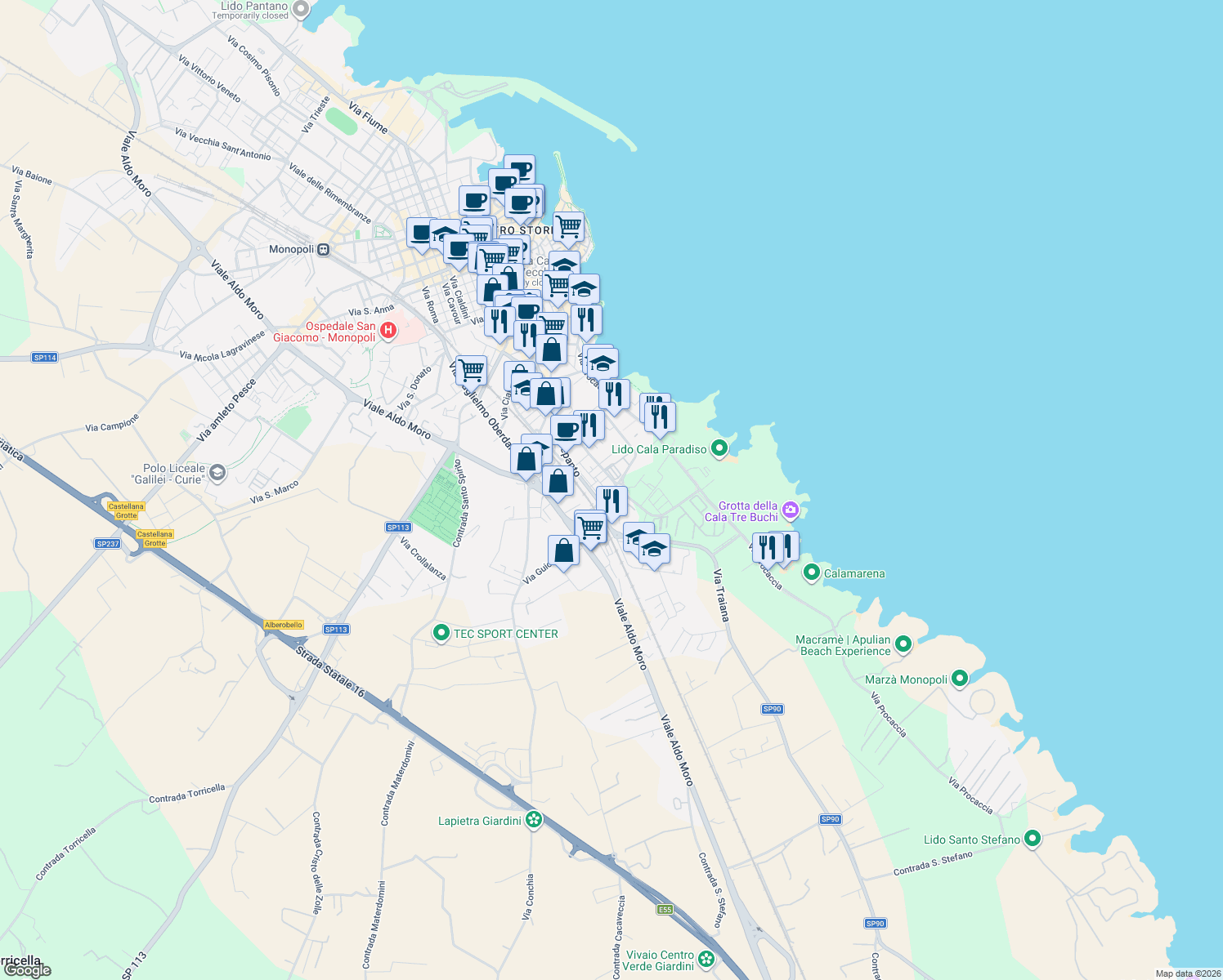 map of restaurants, bars, coffee shops, grocery stores, and more near 140 Via Lepanto in Monopoli