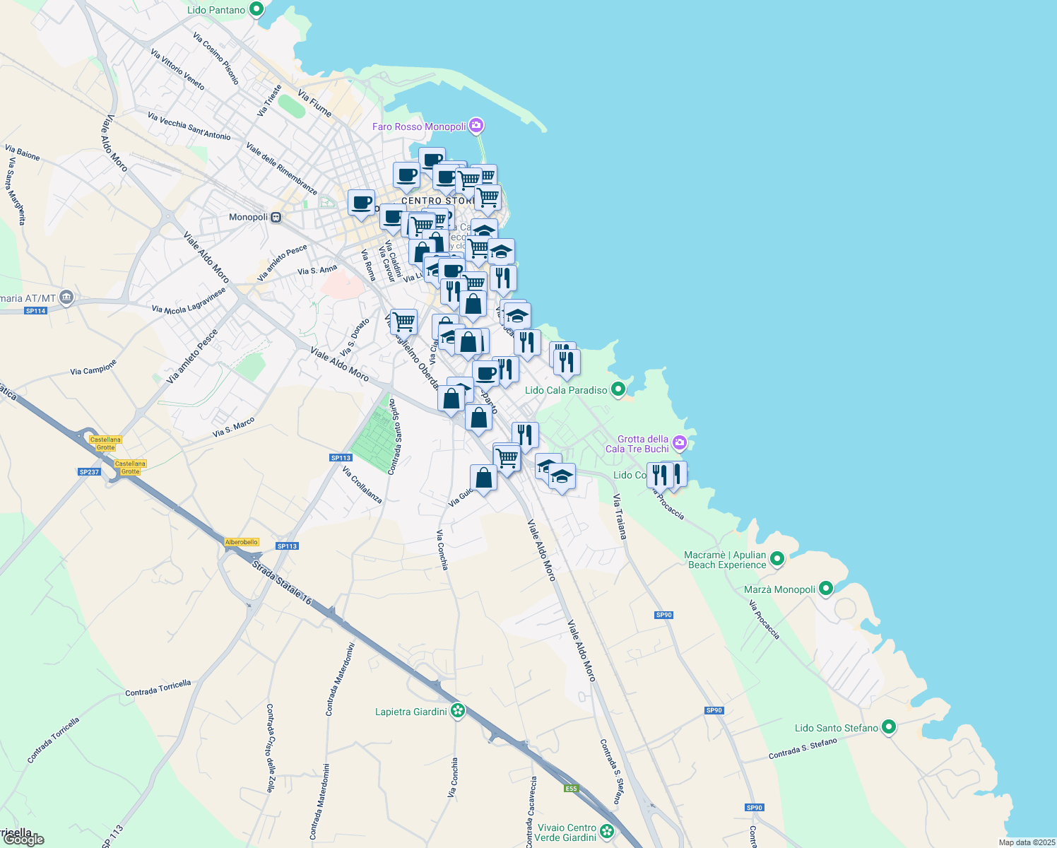 map of restaurants, bars, coffee shops, grocery stores, and more near 11 Via Luigi Piccinato in Monopoli