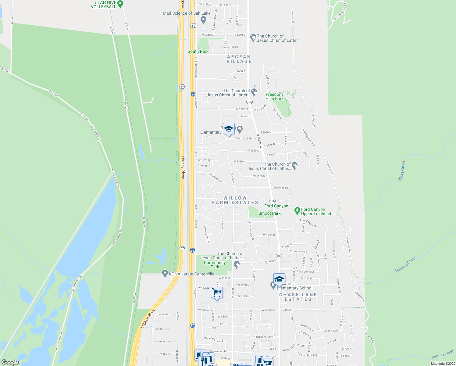 map of restaurants, bars, coffee shops, grocery stores, and more near 464 West 1700 North in Centerville