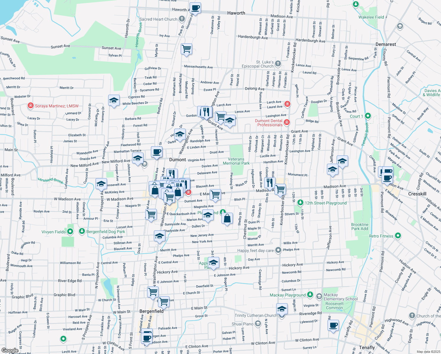 map of restaurants, bars, coffee shops, grocery stores, and more near 139 Howard Street in Dumont