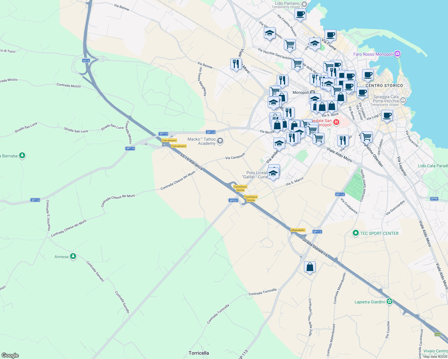 map of restaurants, bars, coffee shops, grocery stores, and more near 552 Contrada Chiesa dei Morti in Città Metropolitana di Bari