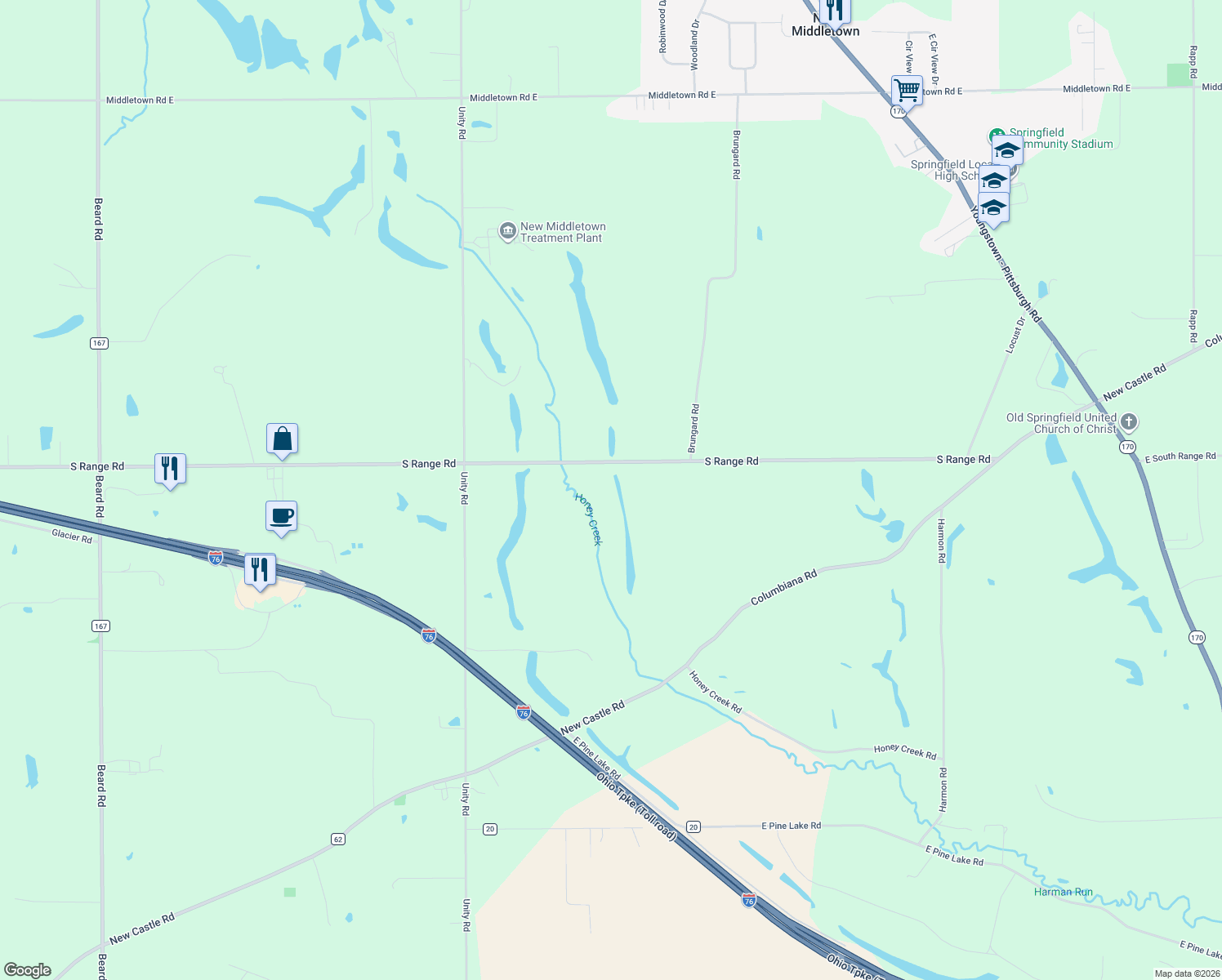 map of restaurants, bars, coffee shops, grocery stores, and more near 4376 South Range in New Middletown