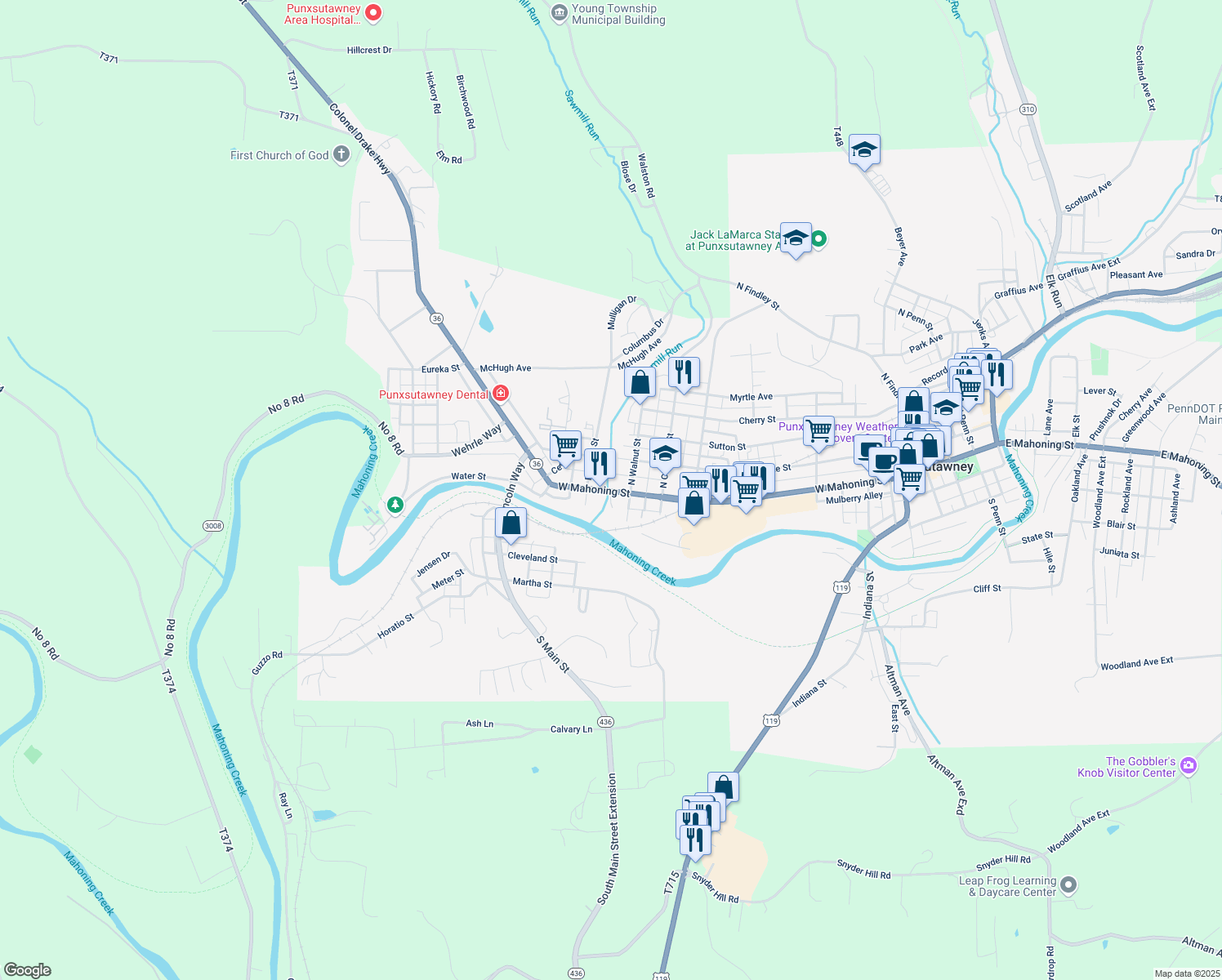 map of restaurants, bars, coffee shops, grocery stores, and more near 807 Colonel Drake Highway in Punxsutawney