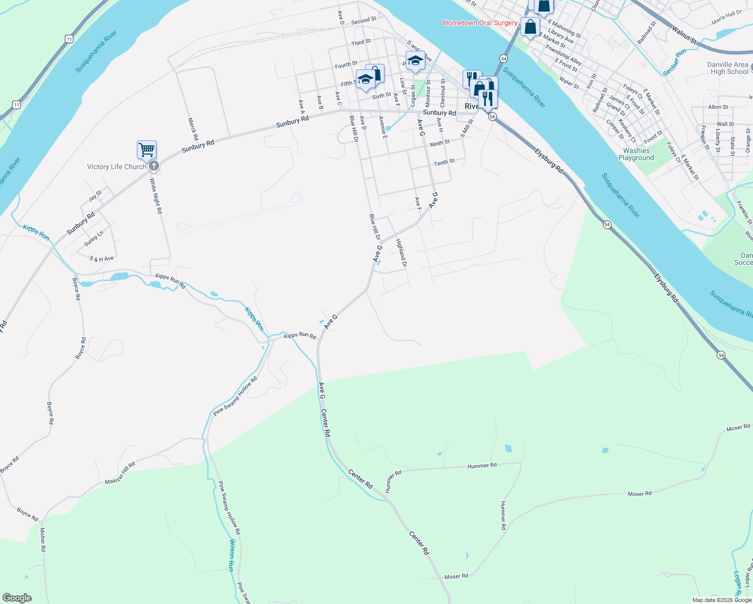 map of restaurants, bars, coffee shops, grocery stores, and more near Snyder's Lane in Danville