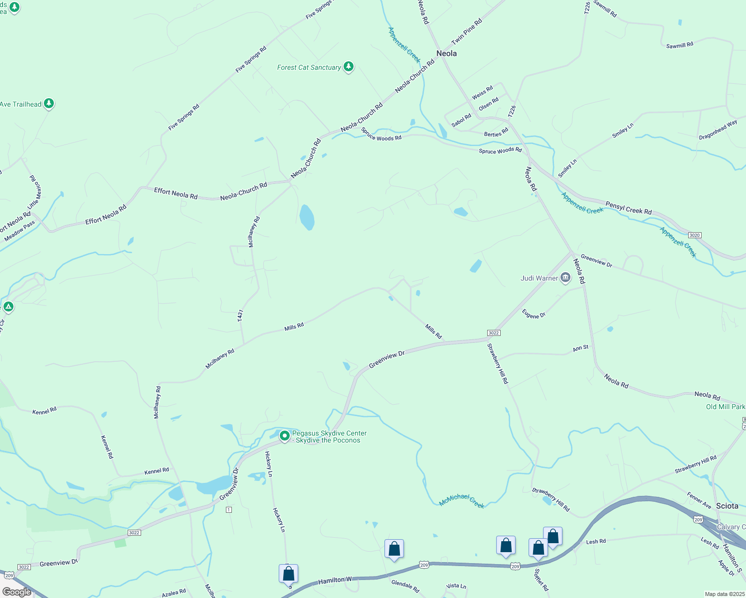 map of restaurants, bars, coffee shops, grocery stores, and more near Mills Road in Saylorsburg