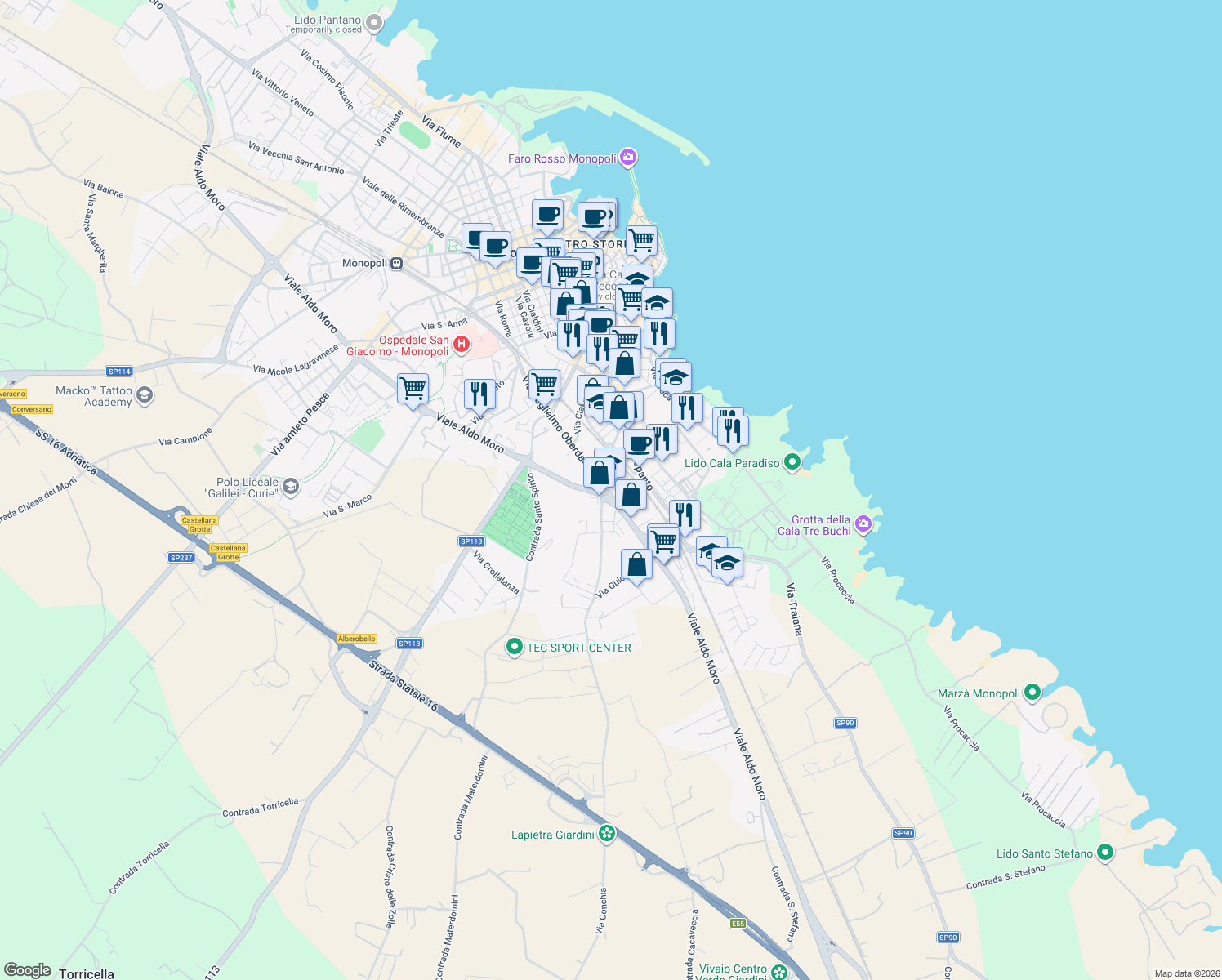 map of restaurants, bars, coffee shops, grocery stores, and more near 12C Piazza San Francesco da Paola in Monopoli