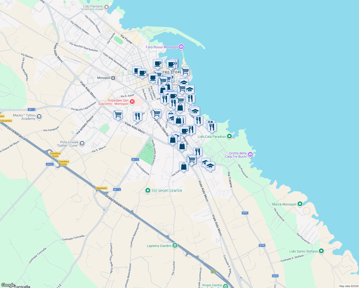map of restaurants, bars, coffee shops, grocery stores, and more near 12C Piazza S. Francesco da Paola in Monopoli