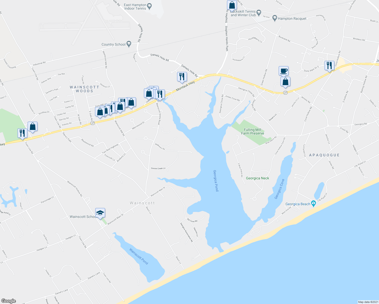 map of restaurants, bars, coffee shops, grocery stores, and more near 38 Mathews Road in Wainscott