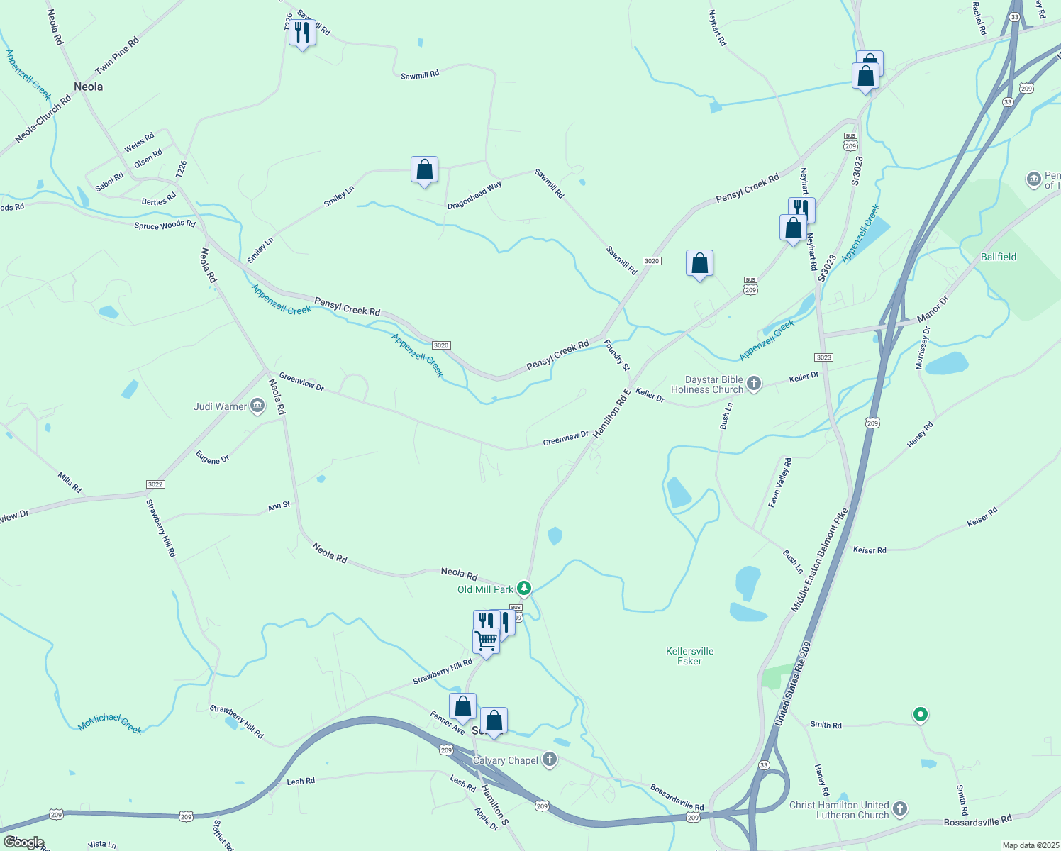 map of restaurants, bars, coffee shops, grocery stores, and more near Sandhill Terrace in Stroudsburg