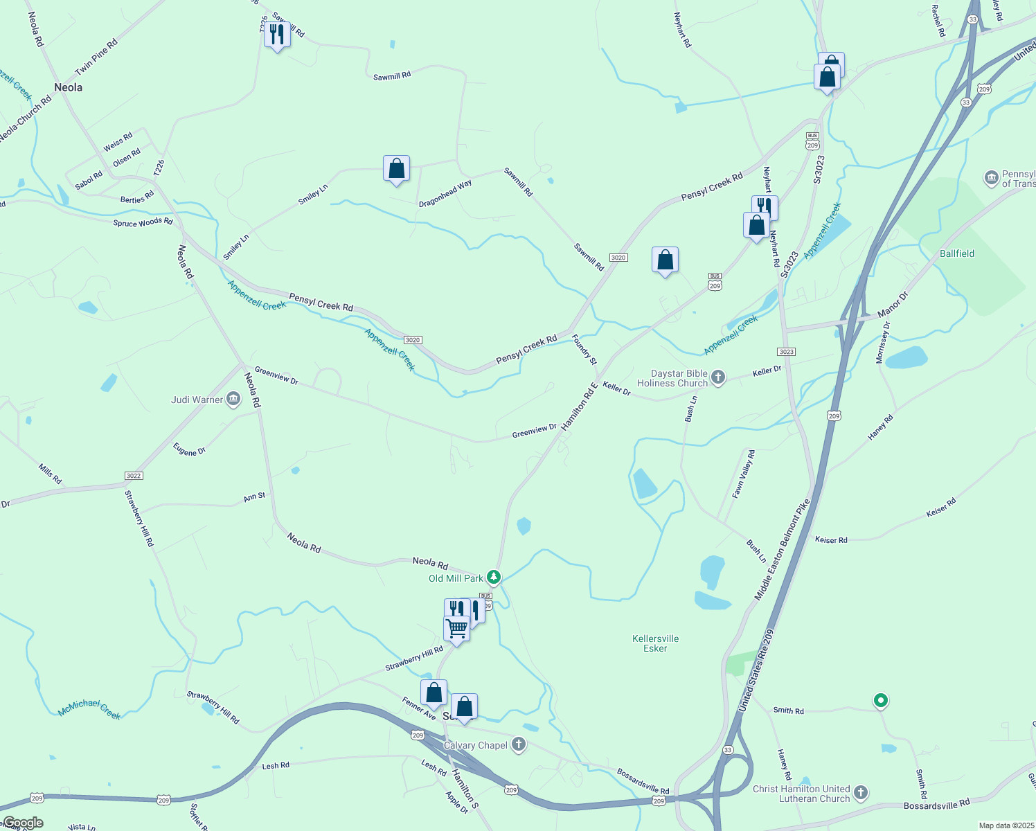 map of restaurants, bars, coffee shops, grocery stores, and more near 128 Sandhill Terrace in Stroudsburg