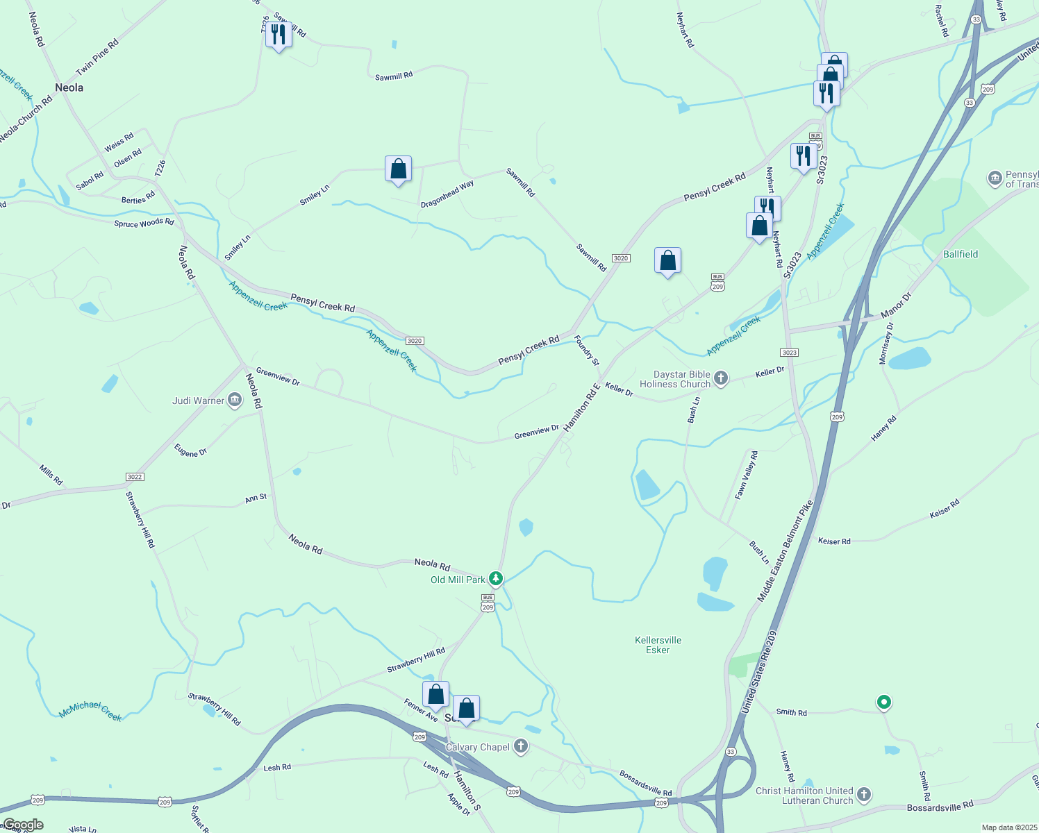 map of restaurants, bars, coffee shops, grocery stores, and more near 128 Sandhill Terrace in Stroudsburg