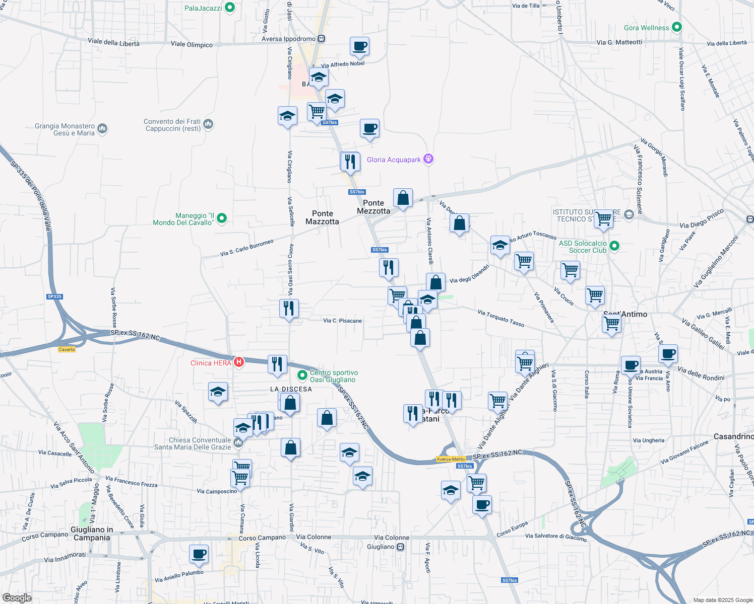 map of restaurants, bars, coffee shops, grocery stores, and more near Strada Statale 7 bis in Naples