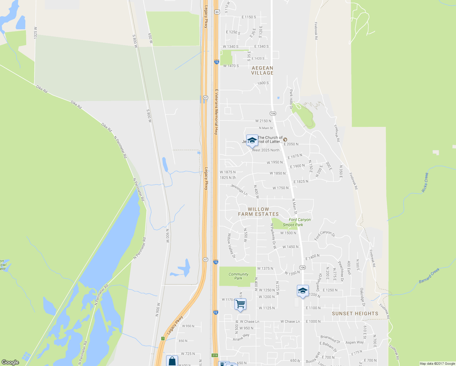 map of restaurants, bars, coffee shops, grocery stores, and more near 706 West 1700 North in Centerville
