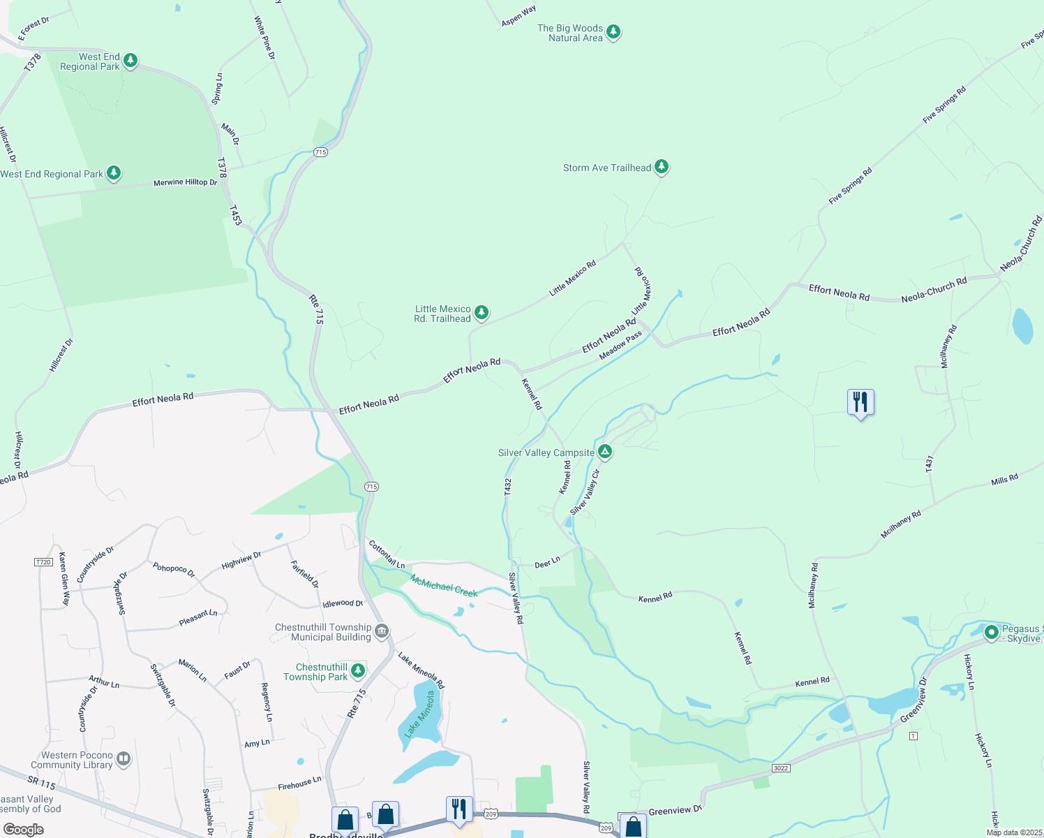map of restaurants, bars, coffee shops, grocery stores, and more near 1612 Silver Valley Court in Saylorsburg