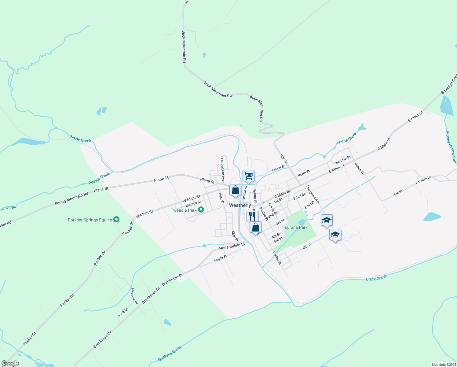 map of restaurants, bars, coffee shops, grocery stores, and more near 125 Plane Street in Weatherly