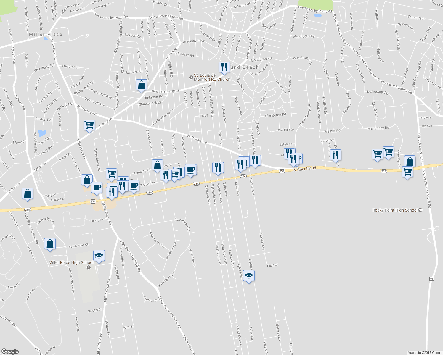 map of restaurants, bars, coffee shops, grocery stores, and more near 837 New York 25A in Miller Place
