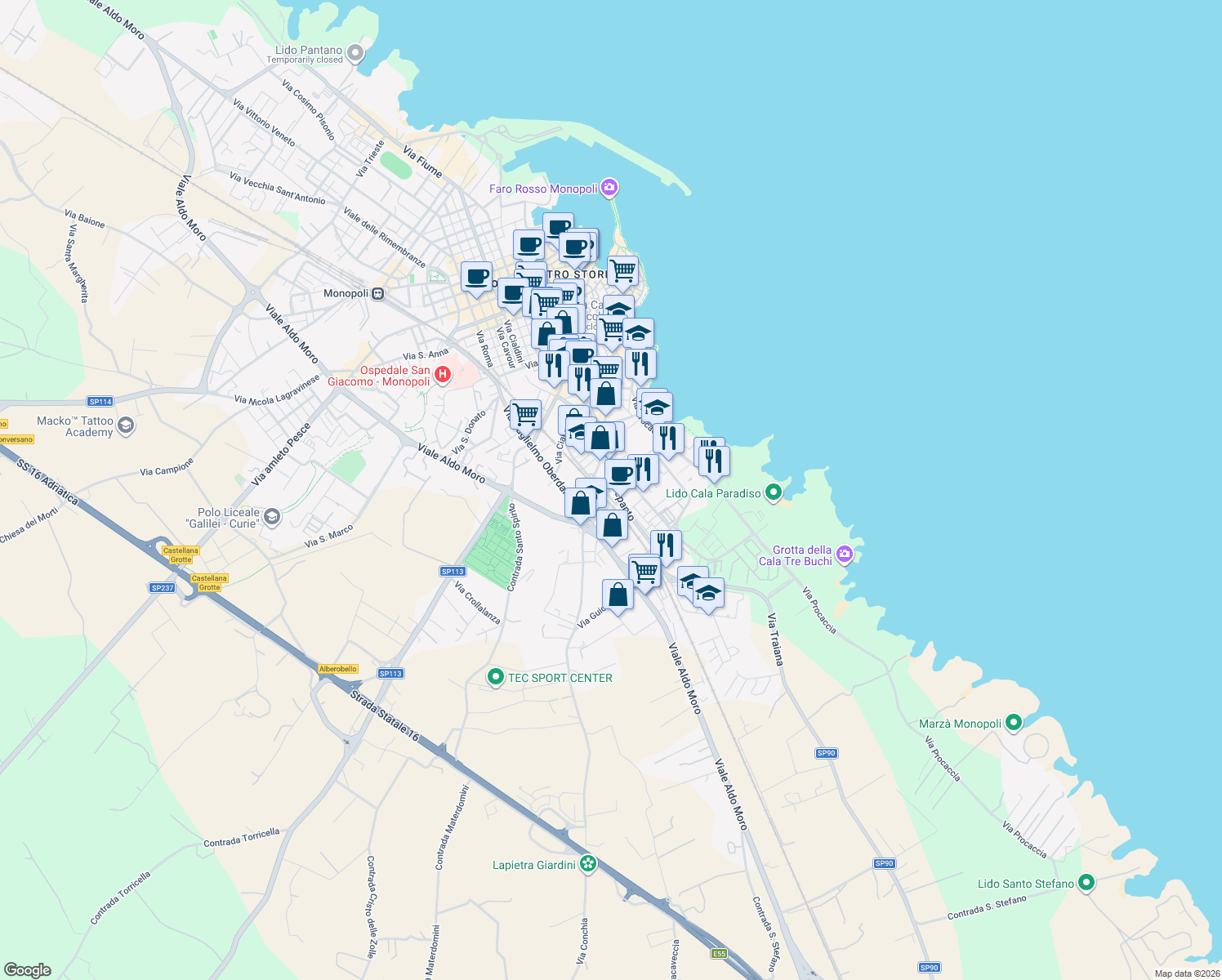 map of restaurants, bars, coffee shops, grocery stores, and more near 18 Via A. Muolo in Monopoli