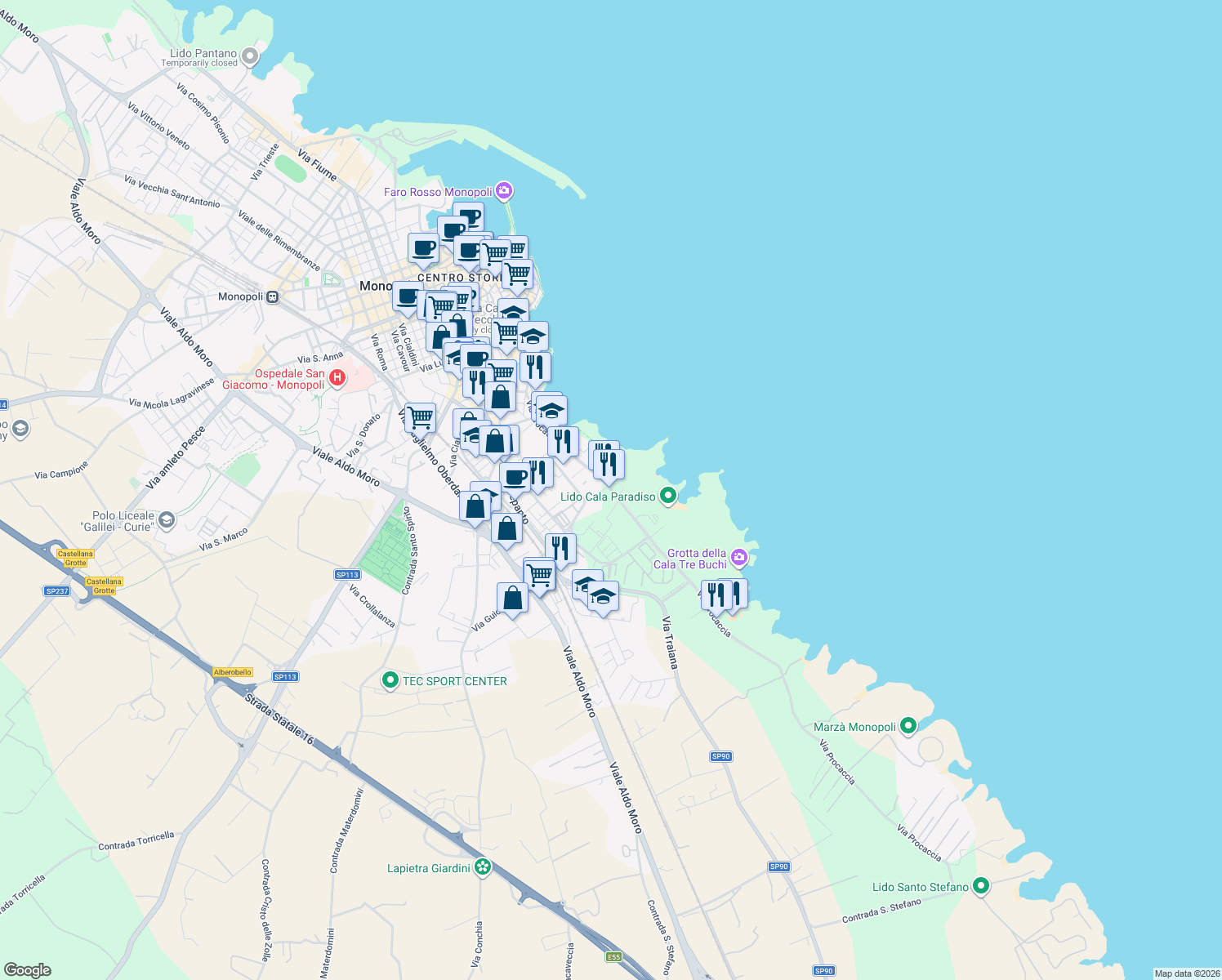 map of restaurants, bars, coffee shops, grocery stores, and more near 191 Via Procaccia in Monopoli