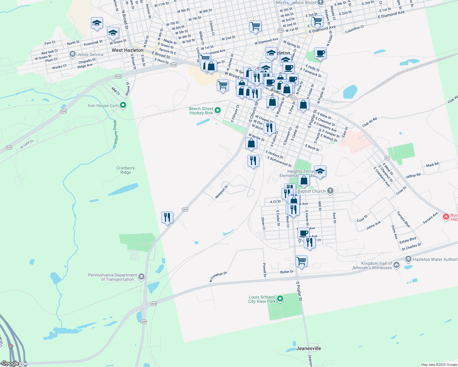 map of restaurants, bars, coffee shops, grocery stores, and more near 46 Newport Drive in Hazleton