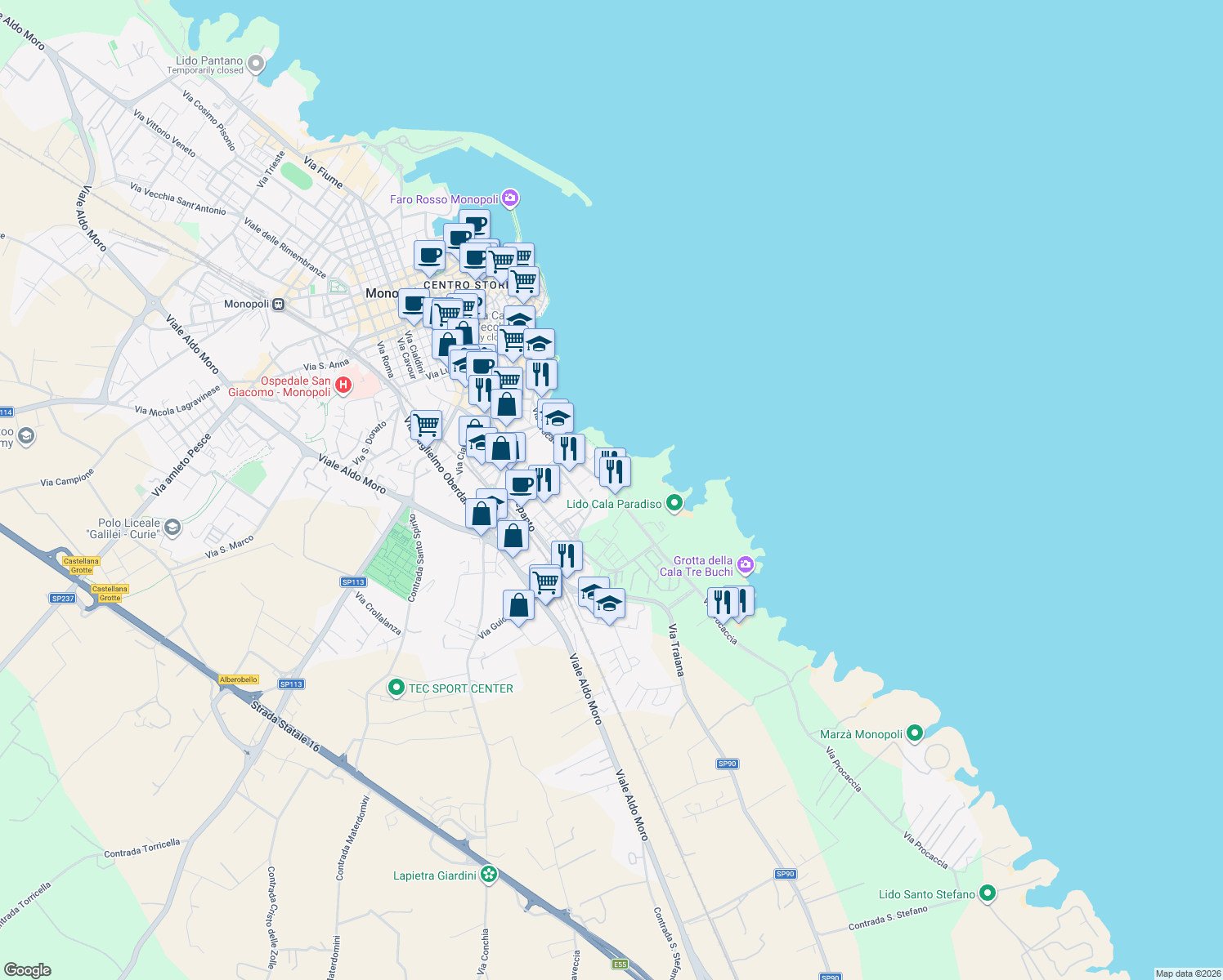 map of restaurants, bars, coffee shops, grocery stores, and more near 191 Via Procaccia in Monopoli