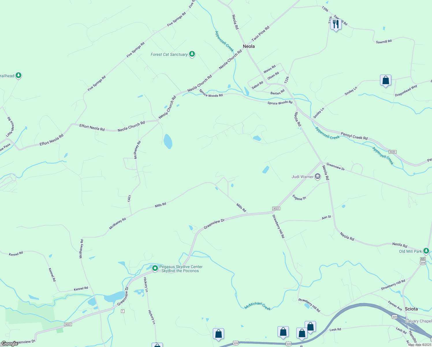 map of restaurants, bars, coffee shops, grocery stores, and more near 119 Donkette Drive in Saylorsburg