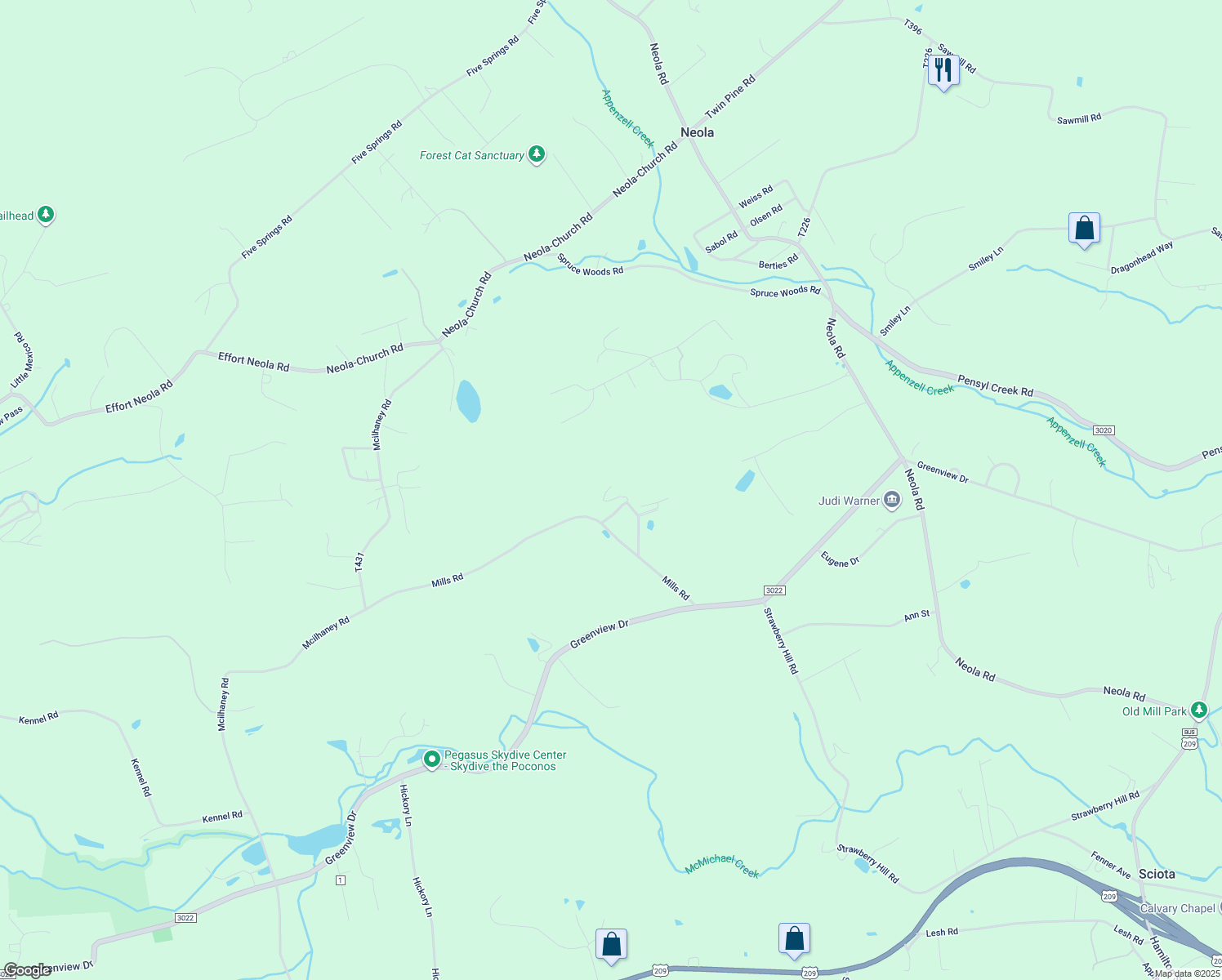 map of restaurants, bars, coffee shops, grocery stores, and more near 119 Donkette Drive in Saylorsburg