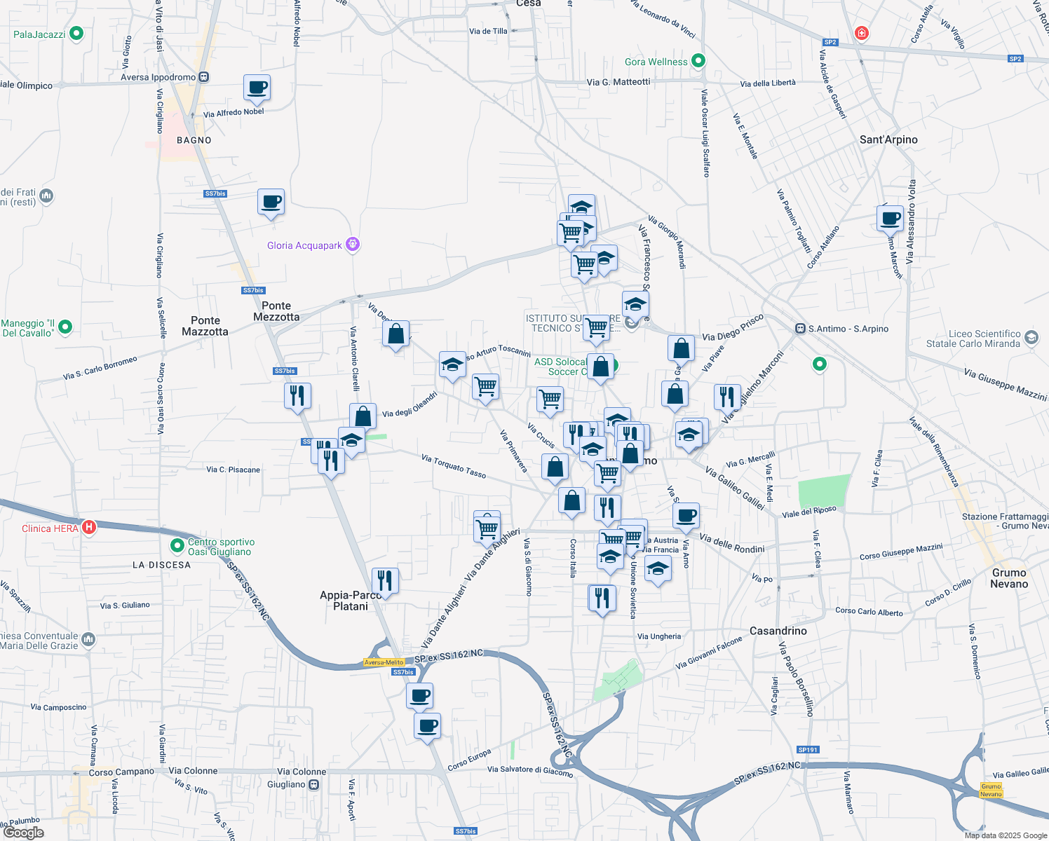 map of restaurants, bars, coffee shops, grocery stores, and more near 18 Via Puccini in Sant'Antimo