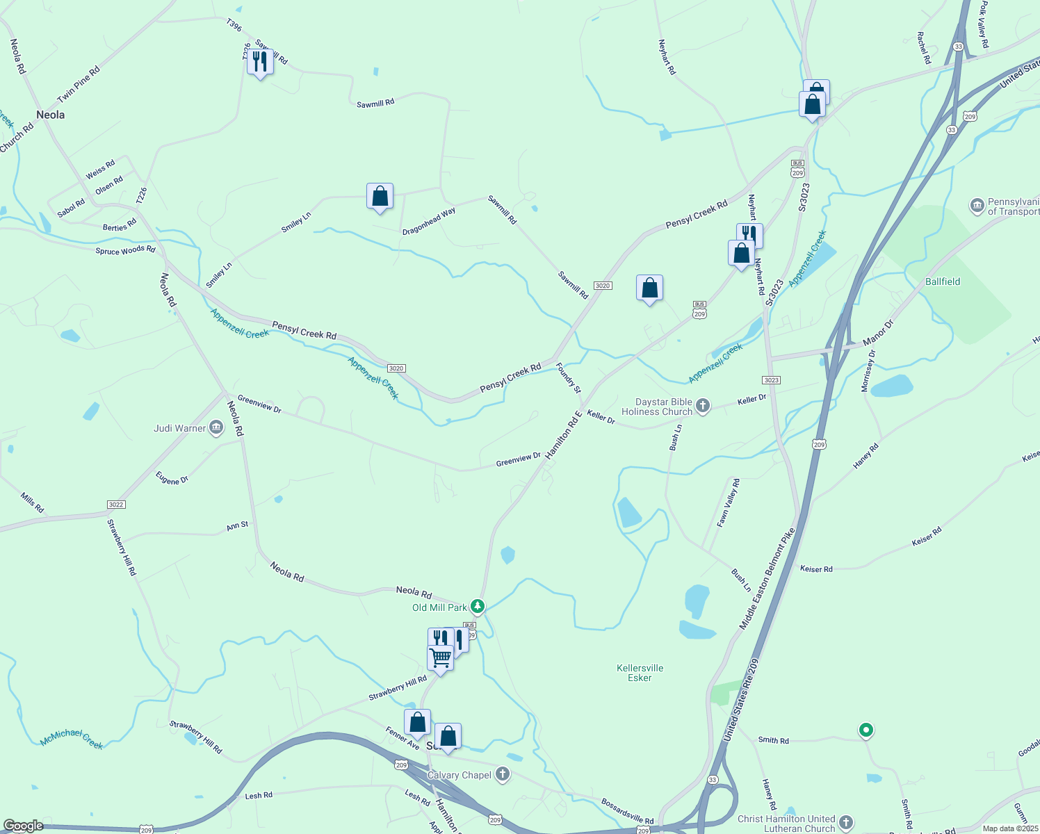 map of restaurants, bars, coffee shops, grocery stores, and more near 147 Sandhill Terrace in Stroudsburg