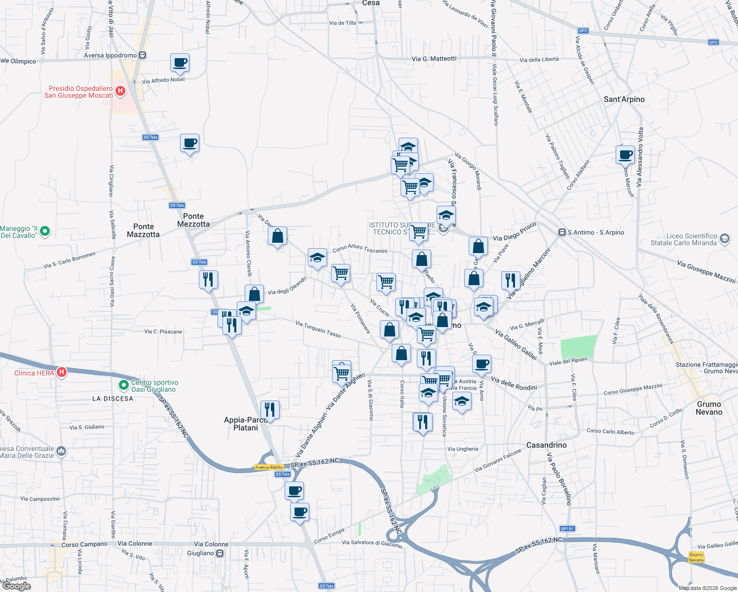 map of restaurants, bars, coffee shops, grocery stores, and more near 18 Via Giacomo Puccini in Sant'Antimo