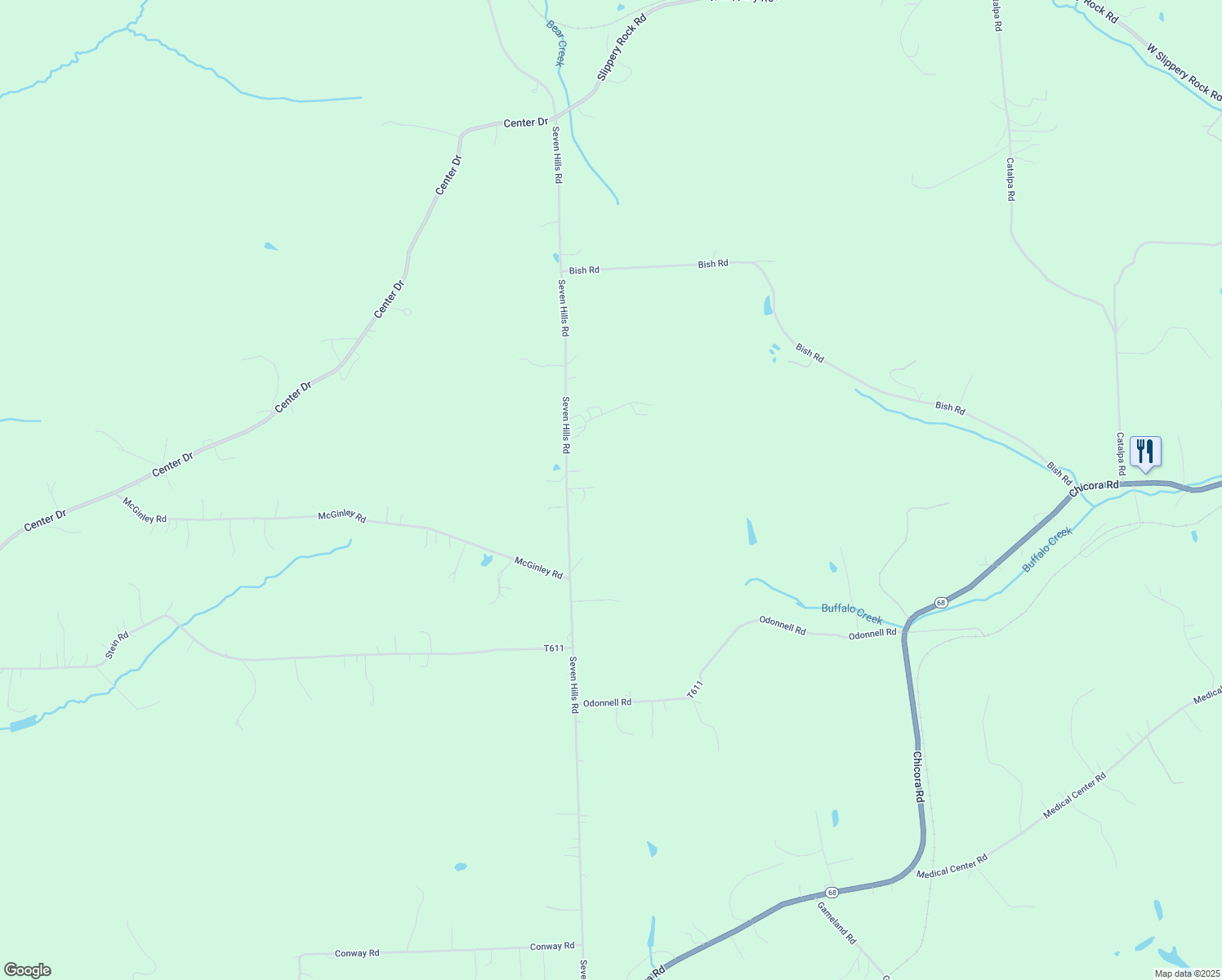map of restaurants, bars, coffee shops, grocery stores, and more near 329 Seven Hills Road in Chicora