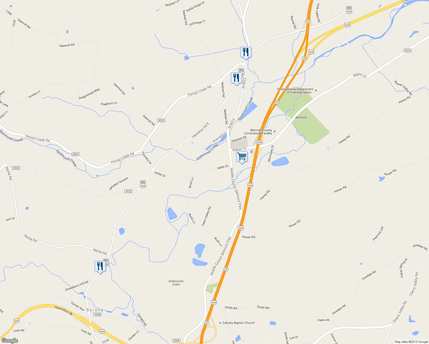 map of restaurants, bars, coffee shops, grocery stores, and more near 205 Keller Drive in Stroudsburg