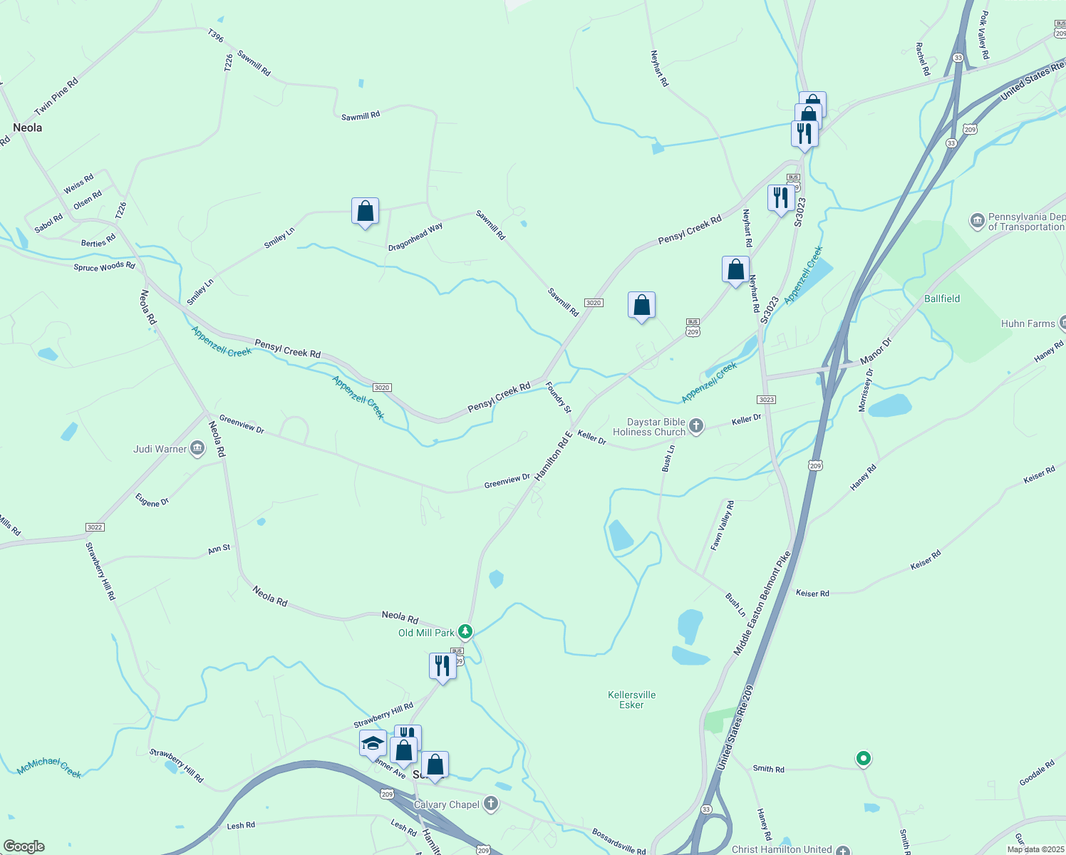 map of restaurants, bars, coffee shops, grocery stores, and more near Sandhill Terrace in Stroudsburg
