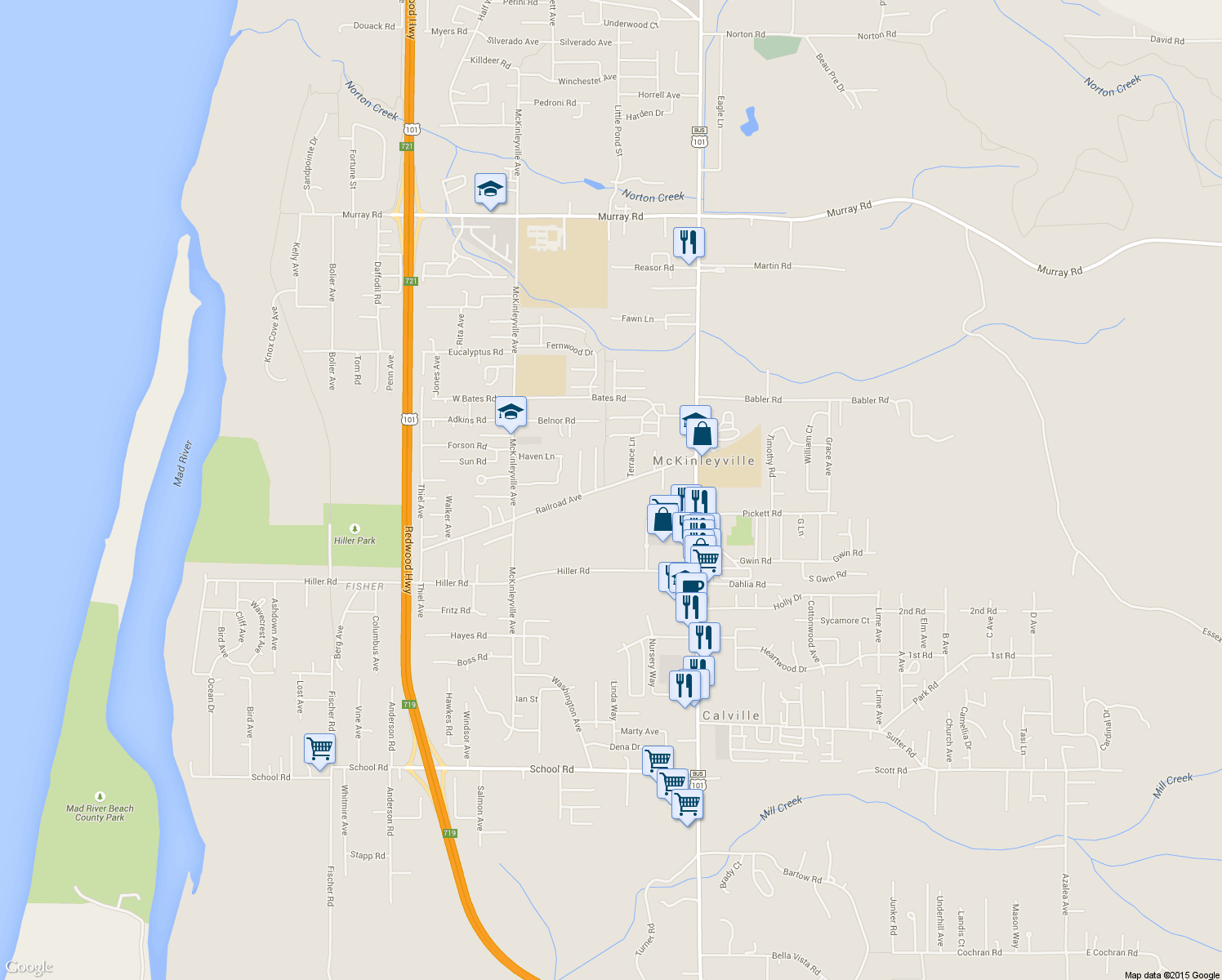 map of restaurants, bars, coffee shops, grocery stores, and more near 1414 Railroad Avenue in McKinleyville