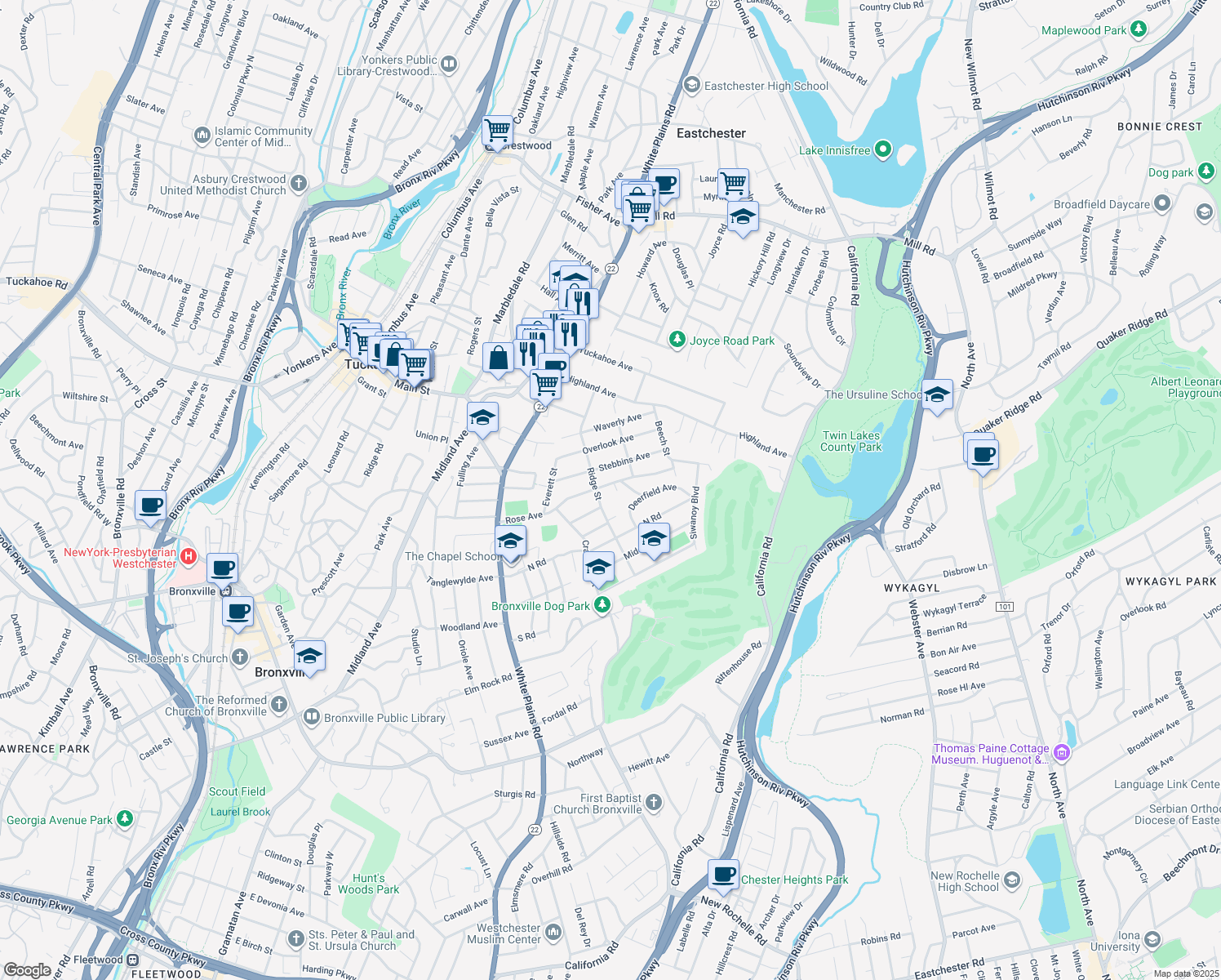 map of restaurants, bars, coffee shops, grocery stores, and more near 64 Rose Avenue in Eastchester