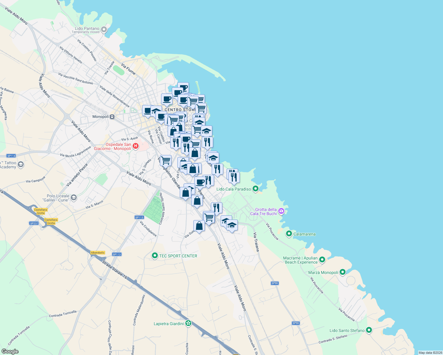 map of restaurants, bars, coffee shops, grocery stores, and more near 153 Via Procaccia in Monopoli