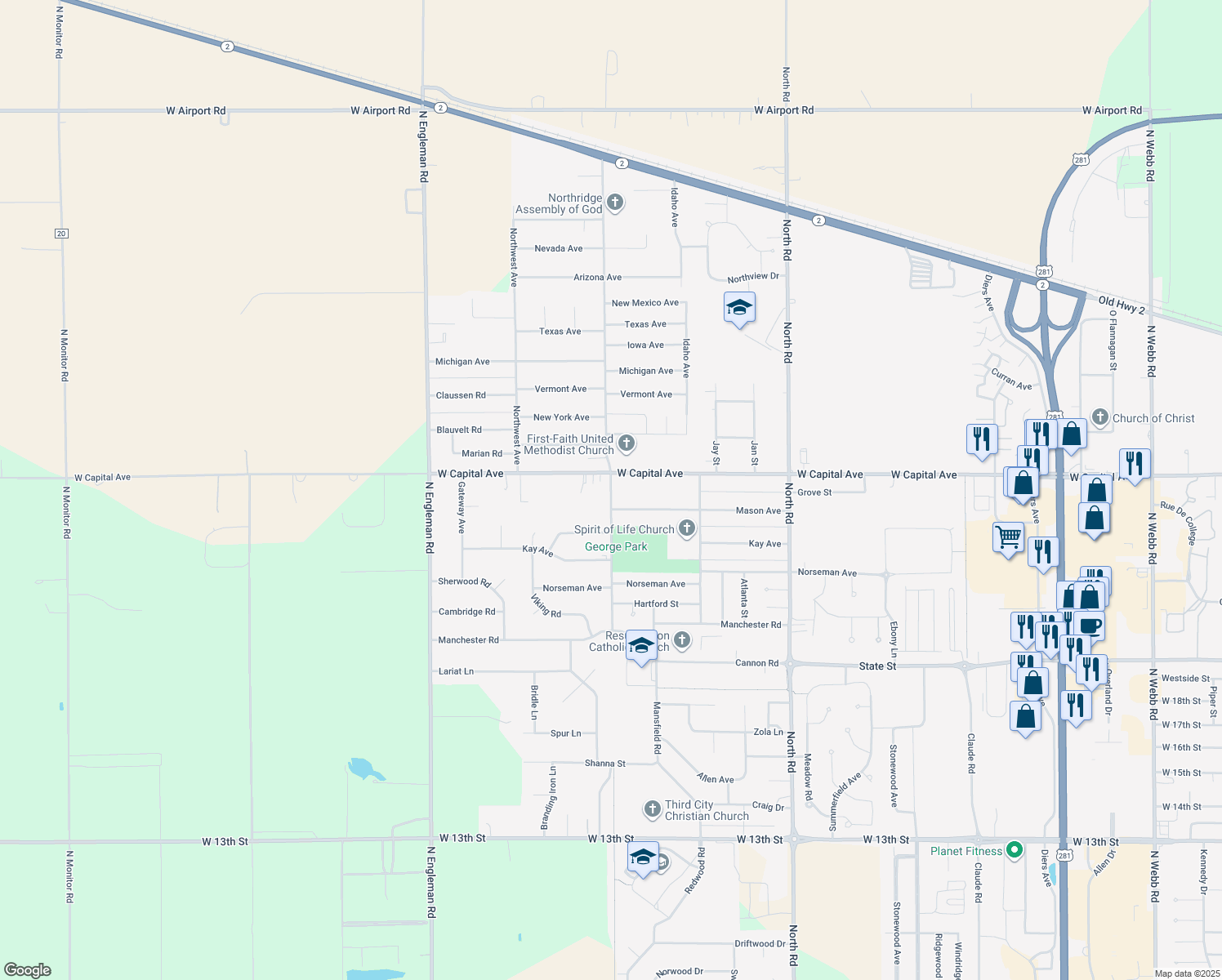 map of restaurants, bars, coffee shops, grocery stores, and more near Independence Ave in Grand Island