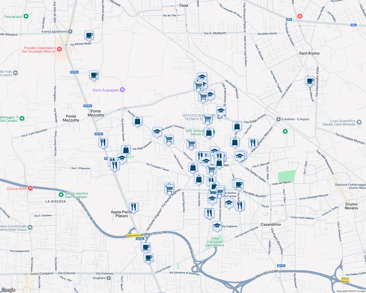 map of restaurants, bars, coffee shops, grocery stores, and more near 18 Via Giacomo Puccini in Sant'Antimo