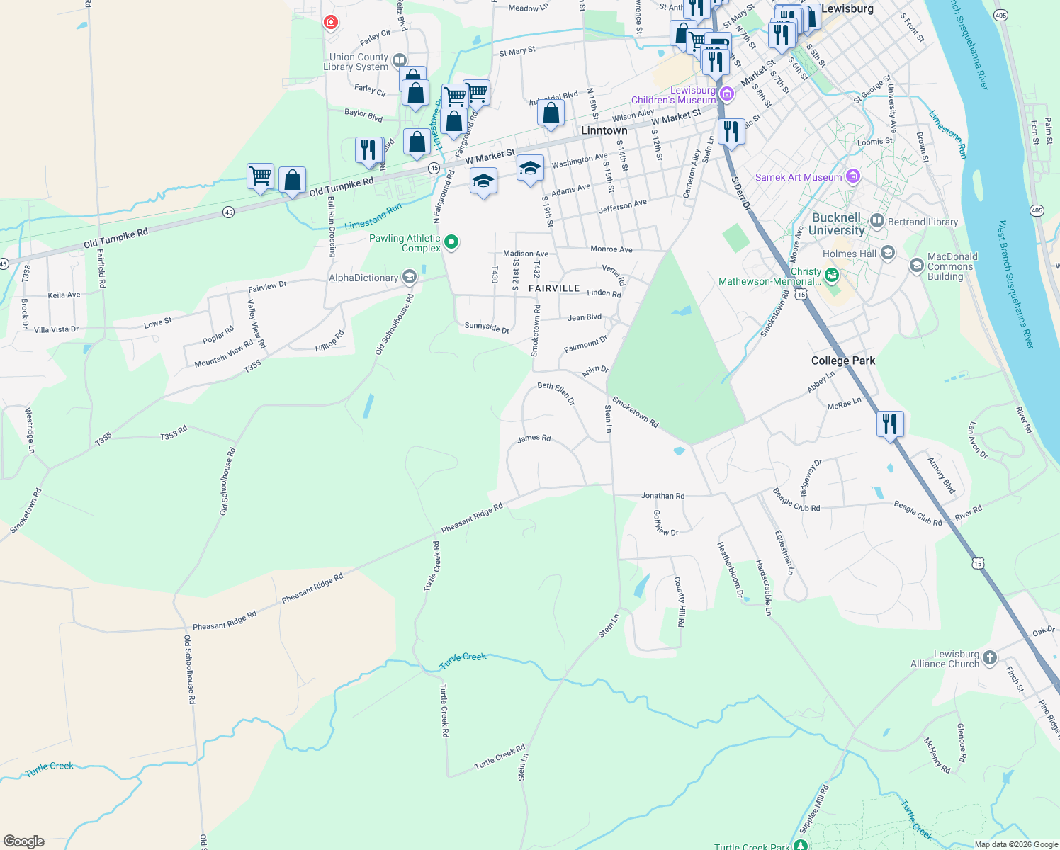 map of restaurants, bars, coffee shops, grocery stores, and more near 477 Beth Ellen Dr in Lewisburg