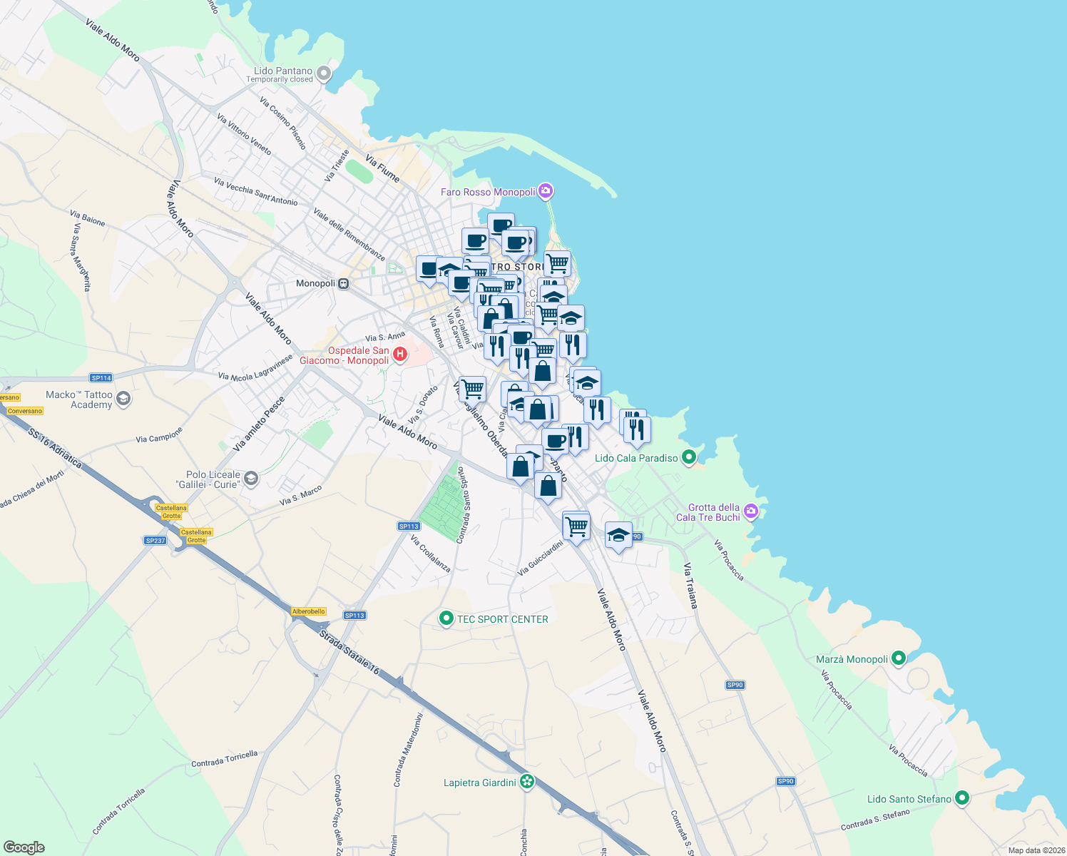 map of restaurants, bars, coffee shops, grocery stores, and more near 65 Via Lepanto in Monopoli