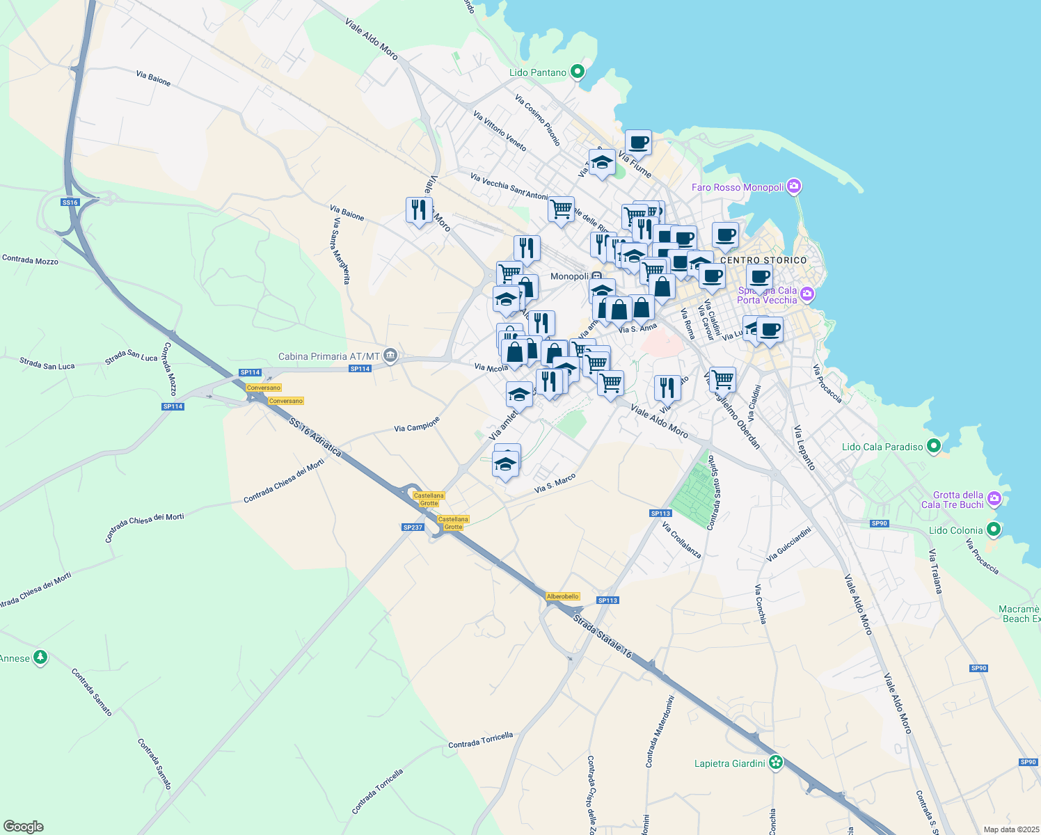 map of restaurants, bars, coffee shops, grocery stores, and more near 7 Via Giuseppe Verdi in Monopoli
