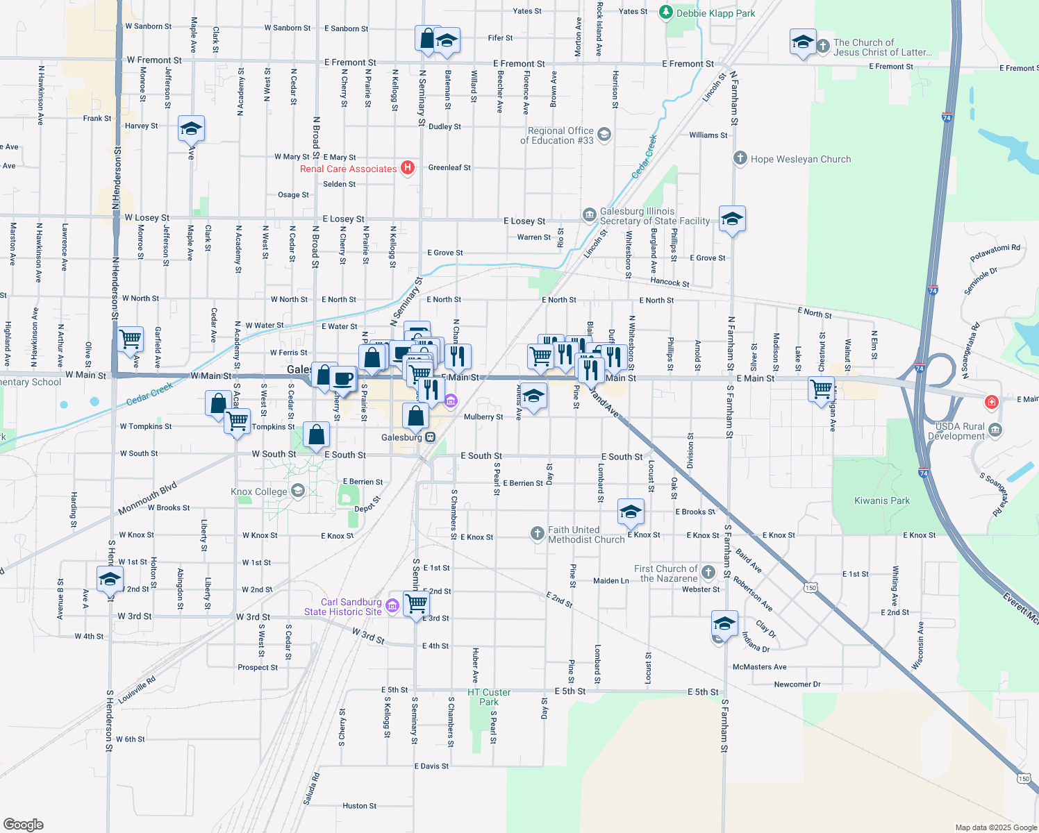 map of restaurants, bars, coffee shops, grocery stores, and more near 172 Allens Avenue in Galesburg