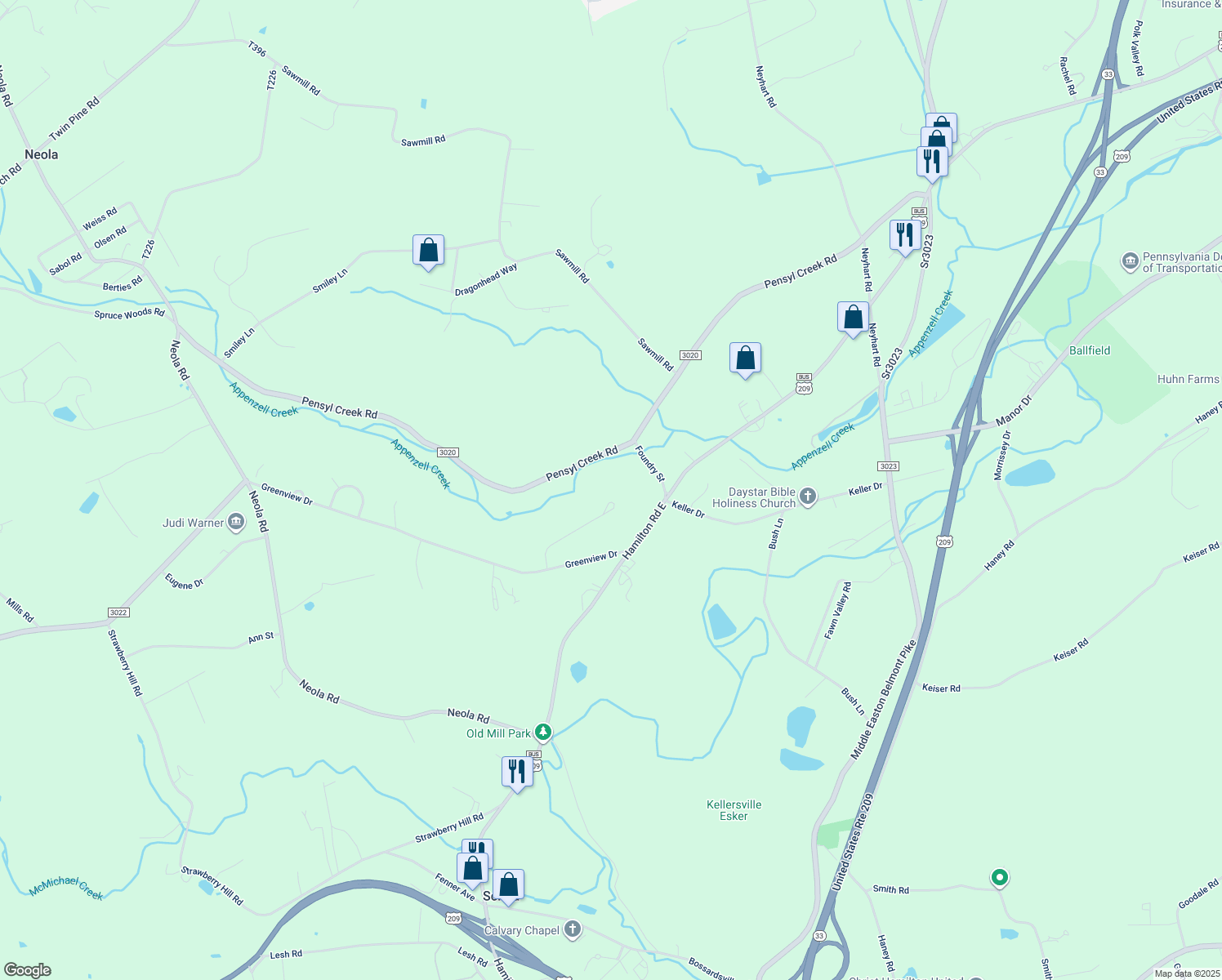 map of restaurants, bars, coffee shops, grocery stores, and more near 159 Sandhill Terrace in Stroudsburg
