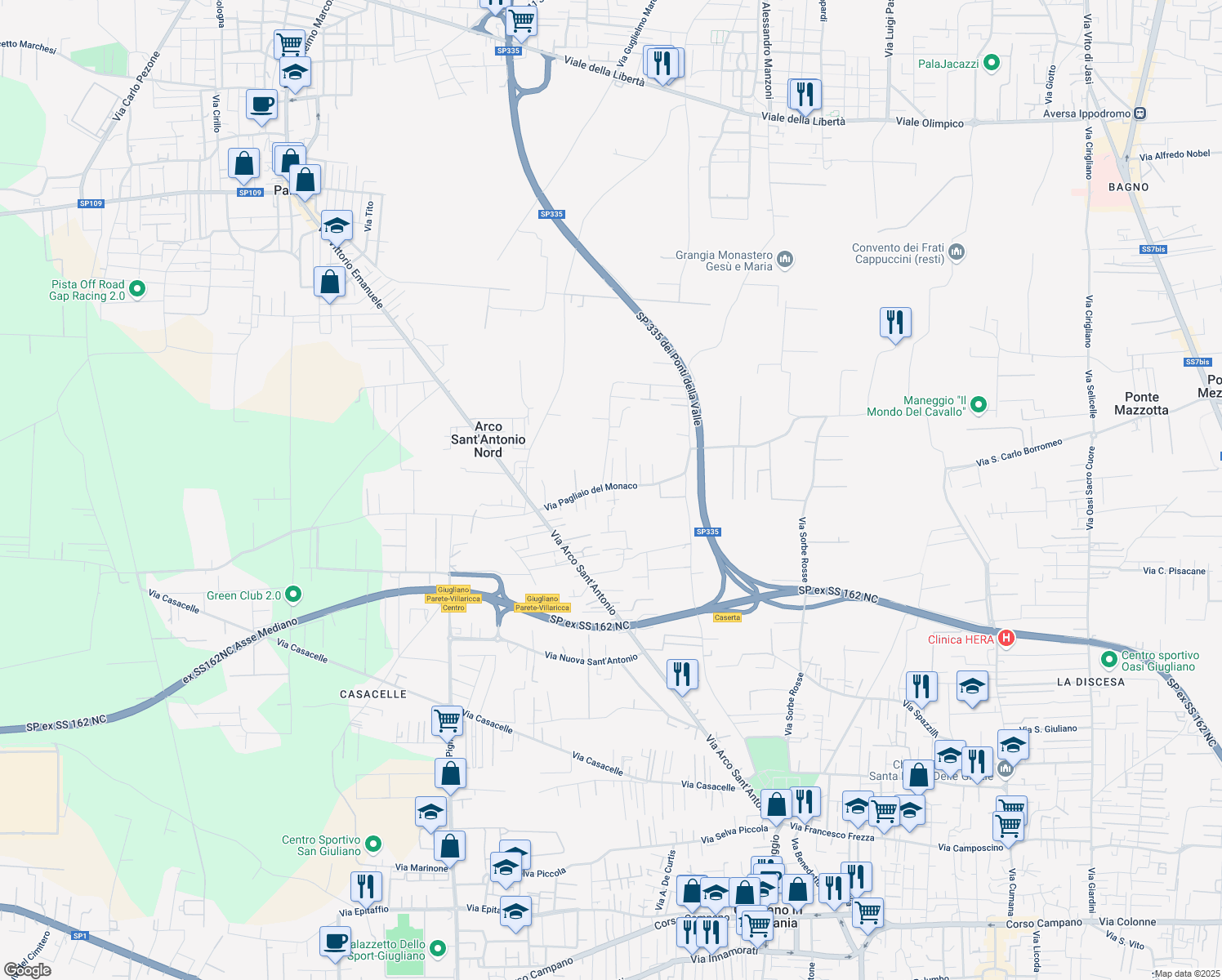 map of restaurants, bars, coffee shops, grocery stores, and more near 84A Via Pagliaio del Monaco in Giugliano in Campania