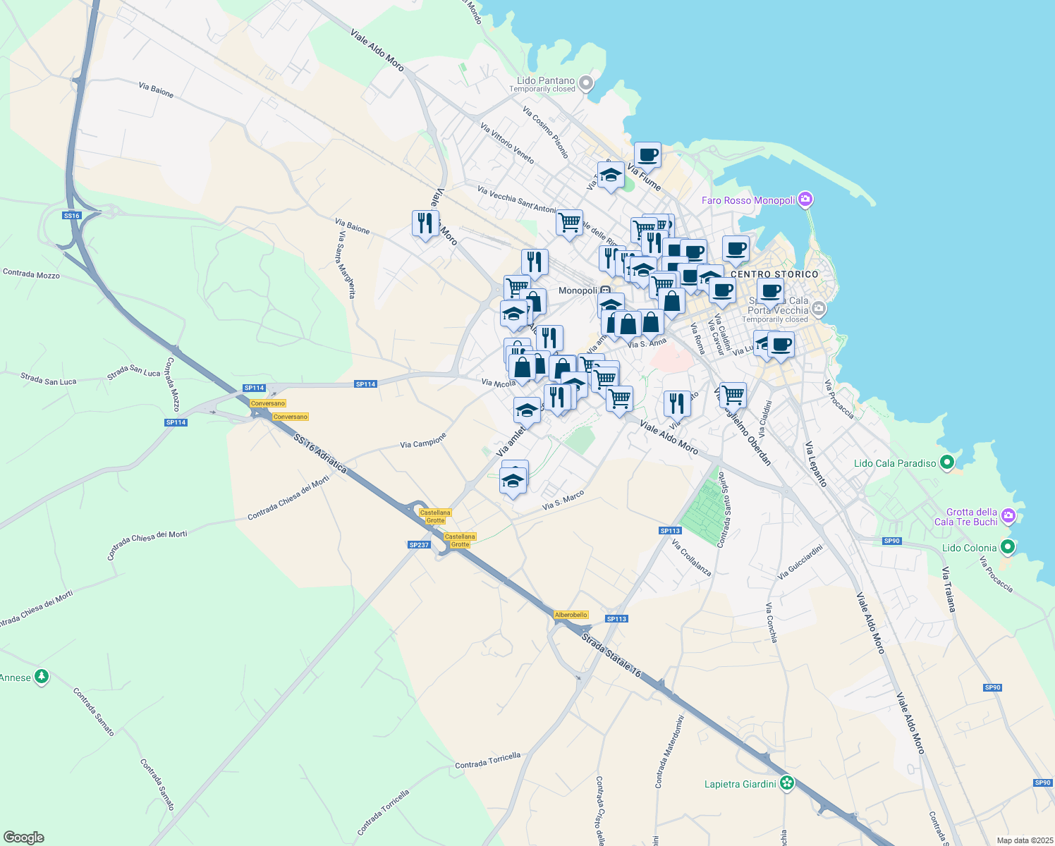 map of restaurants, bars, coffee shops, grocery stores, and more near 7 Via Giuseppe Verdi in Monopoli