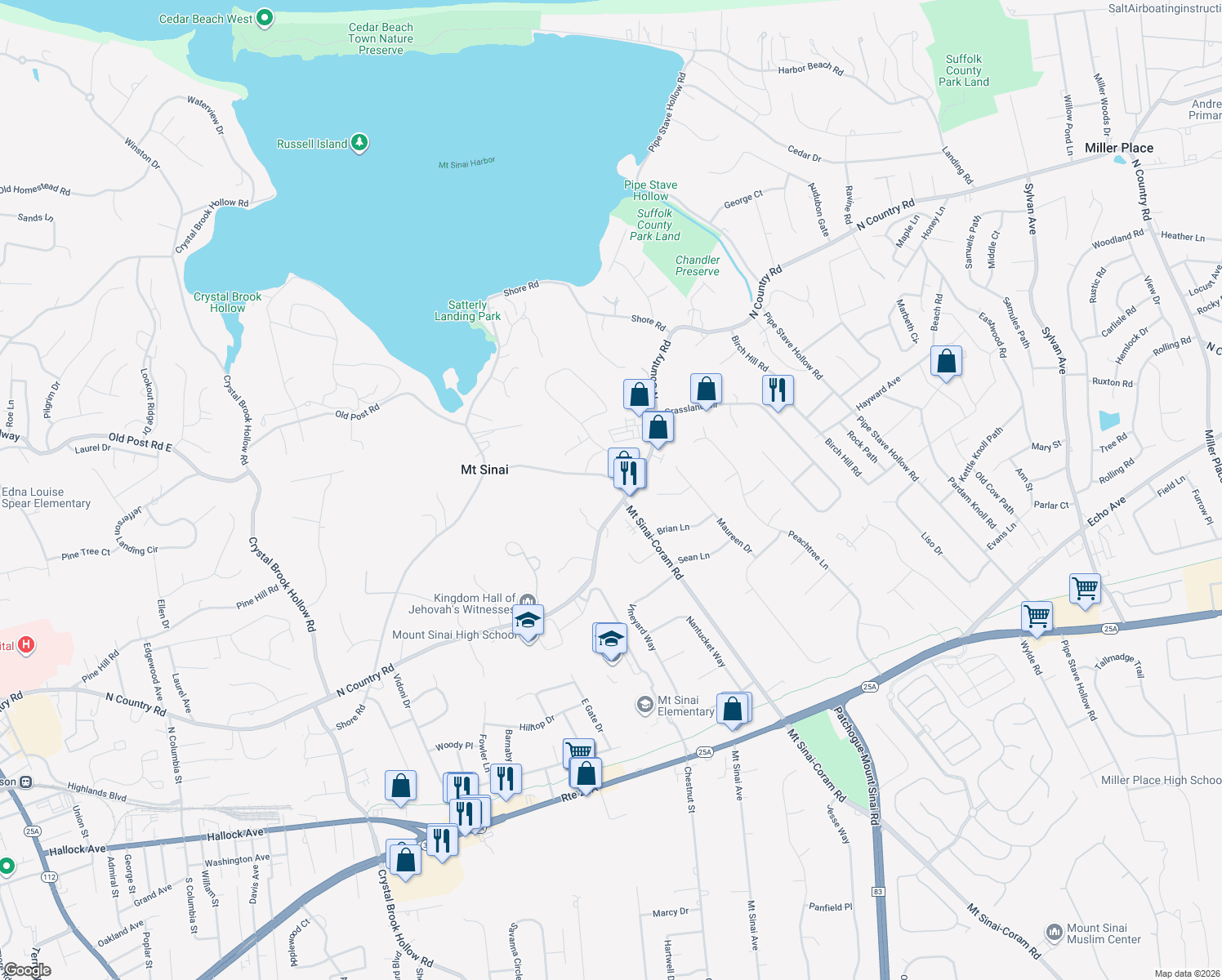 map of restaurants, bars, coffee shops, grocery stores, and more near 758 Mount Sinai Coram Road in Mount Sinai