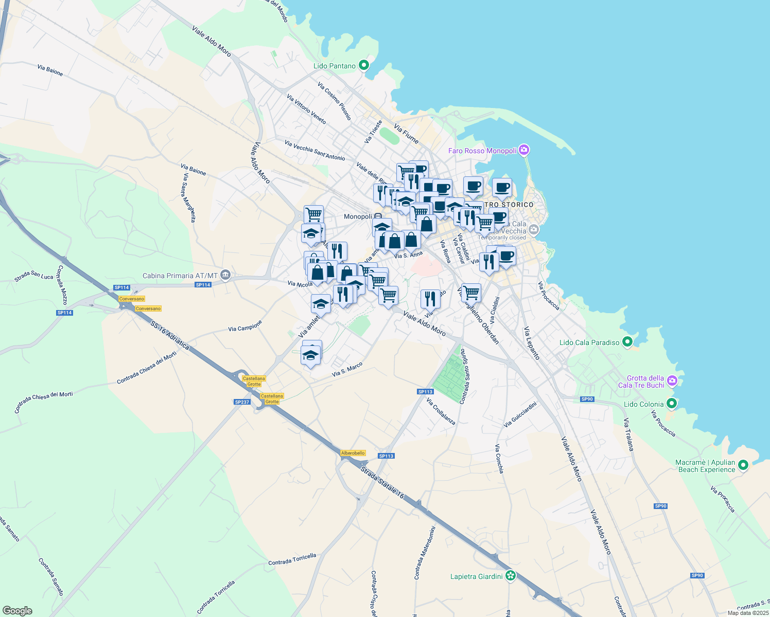 map of restaurants, bars, coffee shops, grocery stores, and more near Via Raffaello Sanzio in Monopoli